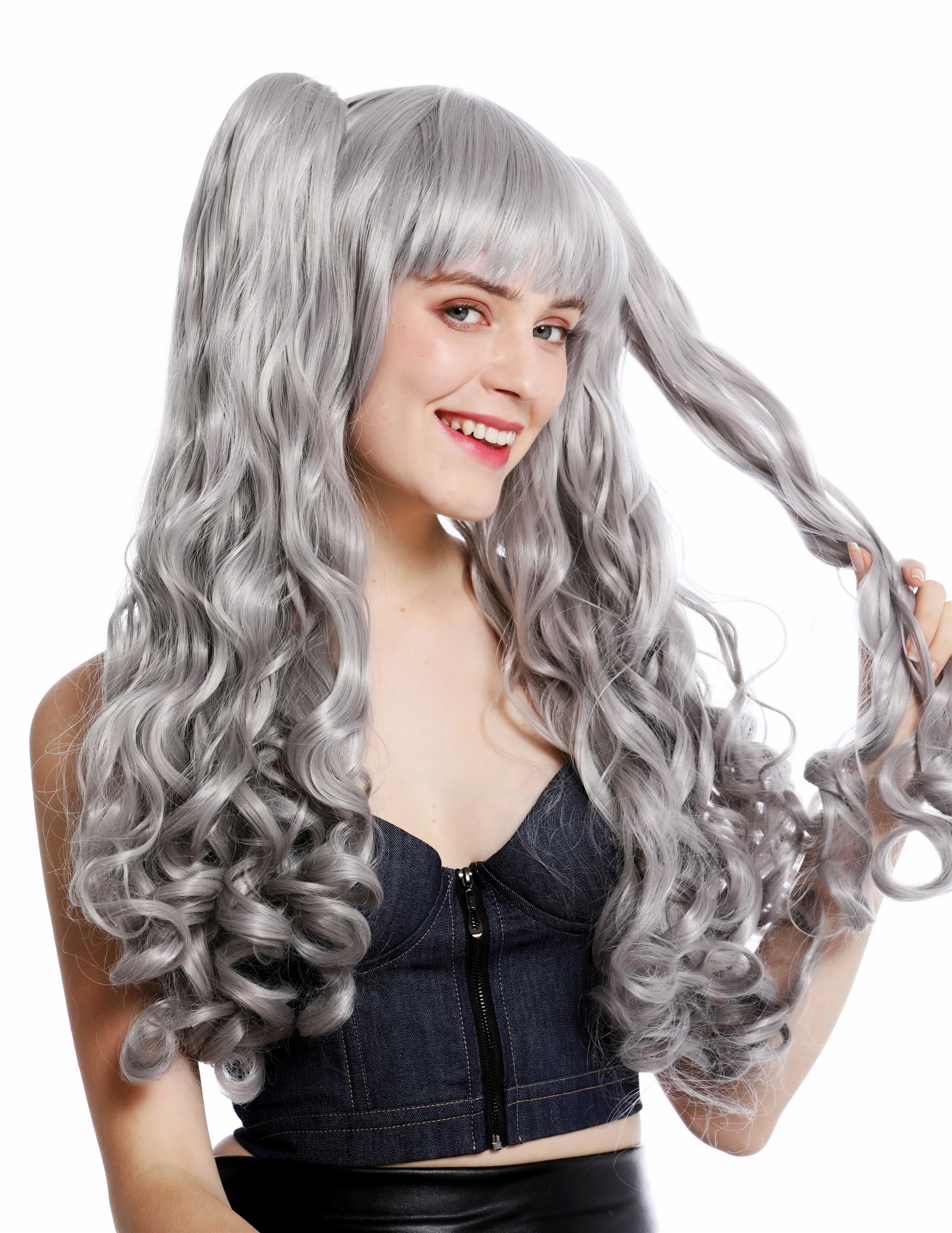 hochwertige Qualitätsperücken, Perücke Cosplay Lang Zöpfe Grau Hellgrau YZF-7092L+A-T0906, Ansicht 2, WIG ME UP: Ihr Perücken Online Shop lockige Tressen-Perücke mit Kopfhaut-Imitat Hellgrau lange Haare für Damen
