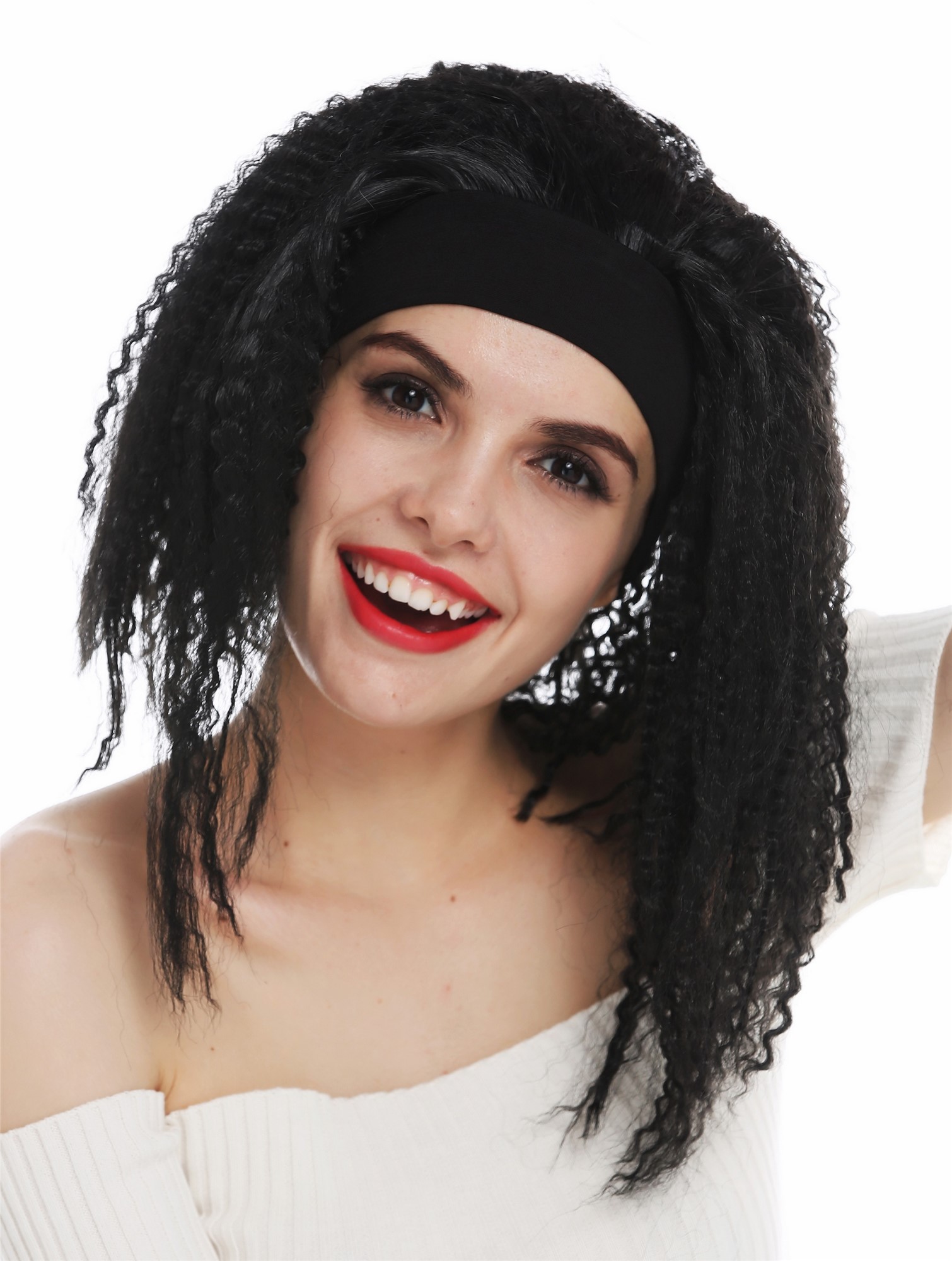 günstige Party Perücke, Perücke Stirnband Krepplocken Schwarz 31803-P103, Vorderansicht, WIG ME UP: Ihr Perücken Online Shop lockige Party Perücke Pechschwarz schulterlange Haare für Damen