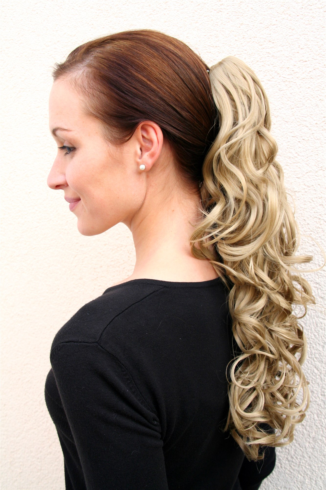 Ponytails, light ash blonde, curled, shoulder-length