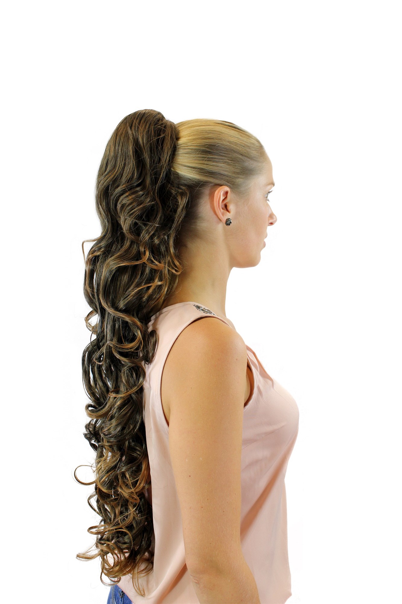 XF-6099-2T27 Ponytail Hairpiece extension extremely long curled curly curls dark brown streaked blond highlights 29", view 3, WIG ME UP: Your Perücken Online Shop Ponytails, black-brown-medium blonde mix, curled, very long