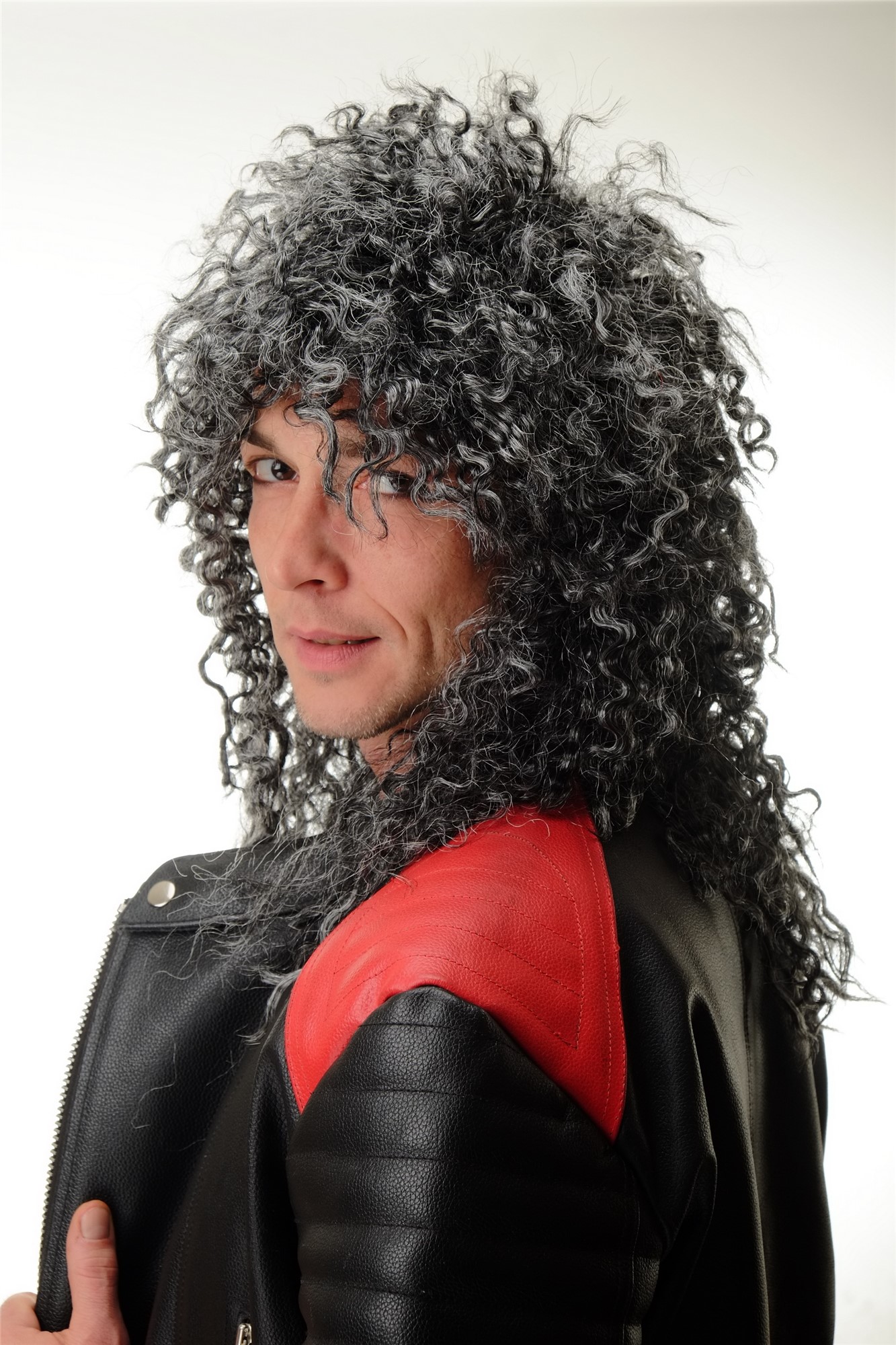 Wig Ladies Men Halloween Carnival curly wild long massive volume black with grey Hardrock Metal, view 2, WIG ME UP: Your Perücken Online Shop Party Wig, Unisex, pitch black-silver gray mix, curled, long