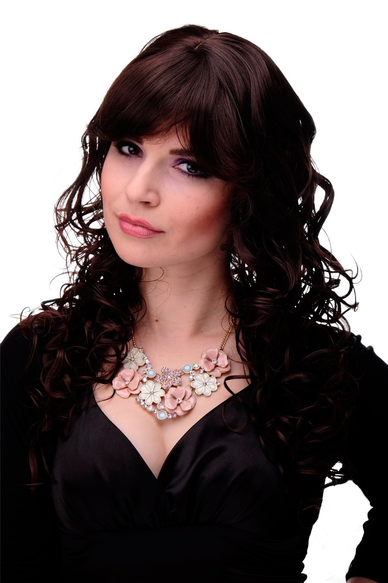 hochwertige Qualitätsperücken, Lockige sexy Frauen Perücke Braun-Mix M-103-2T33, Vorderansicht, WIG ME UP: Ihr Perücken Online Shop lockige Tressen-Perücke mit Kopfhaut-Imitat Schwarzbraun-Mahagonibraun-Mix lange Haare für Damen