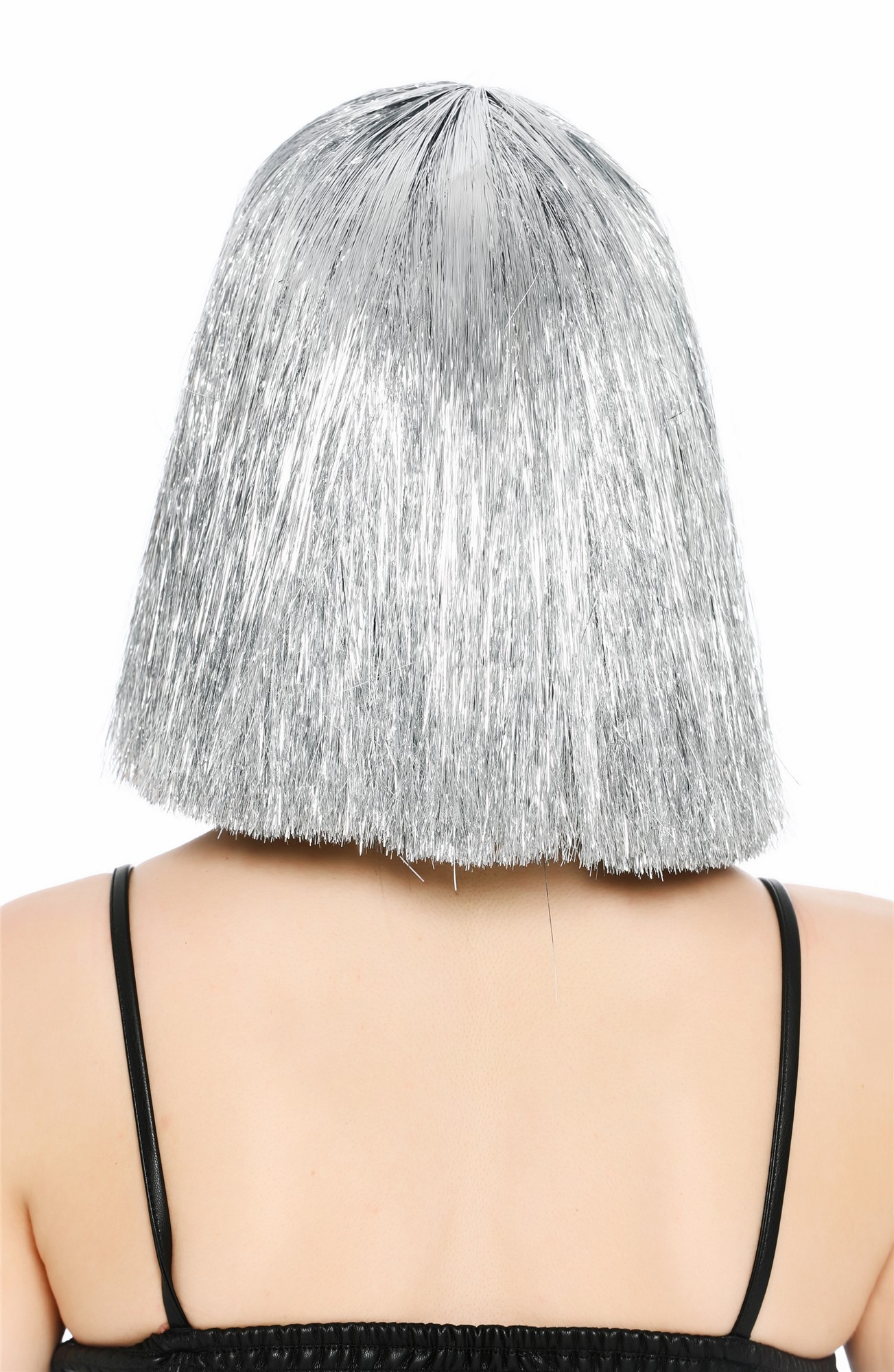 Perücke Damen Glitzer Lametta Tinsel Look Longbob Pony Disco Glam Silber VK-42-TN12