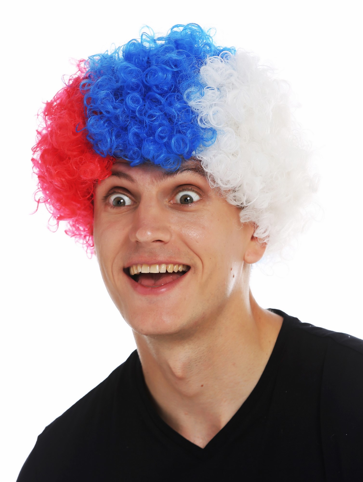 günstige Party Perücke, Perücke Afro Clown Rot Blau Weiß MMAM-15M-K120B+K2079+K06, Ansicht 2, WIG ME UP: Ihr Perücken Online Shop lockige Party Perücke Rot-Blau-Weiß-Mix kurze Haare Unisex