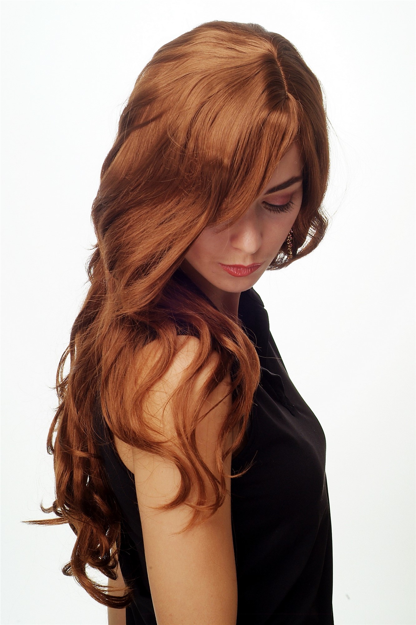 hochwertige Qualitätsperücken, Perücke lang wallendes Haar wellig leicht lockig Kupferbraun Braun 9204S-30, Ansicht 3, WIG ME UP: Ihr Perücken Online Shop lockige Tressen-Perücke mit Kopfhaut-Imitat Kupferbraun lange Haare für Damen