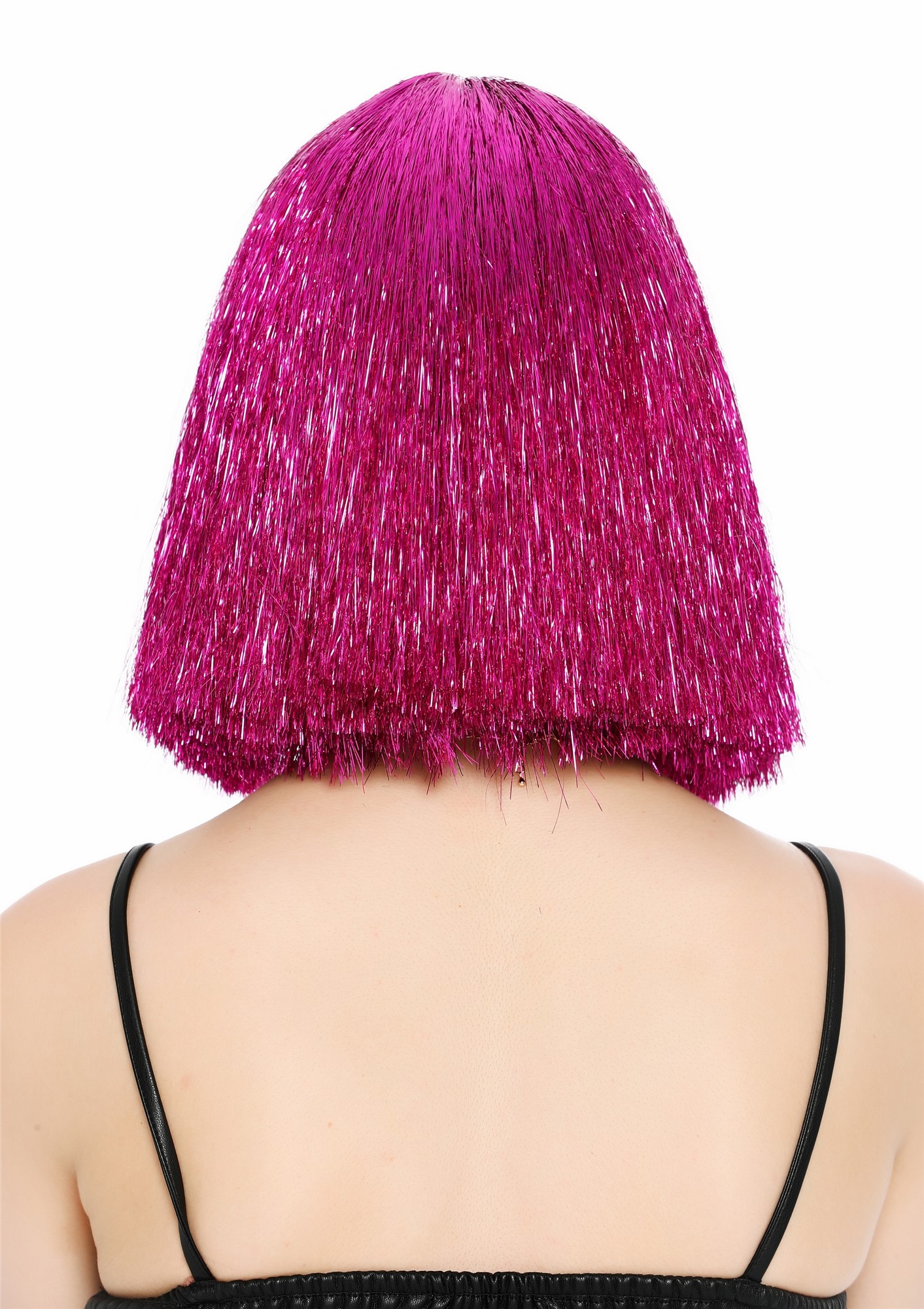 Perücke Damen Glitzer Lametta Tinsel Look Longbob Pony Disco Glam Pink Rosa VK-42-TN17