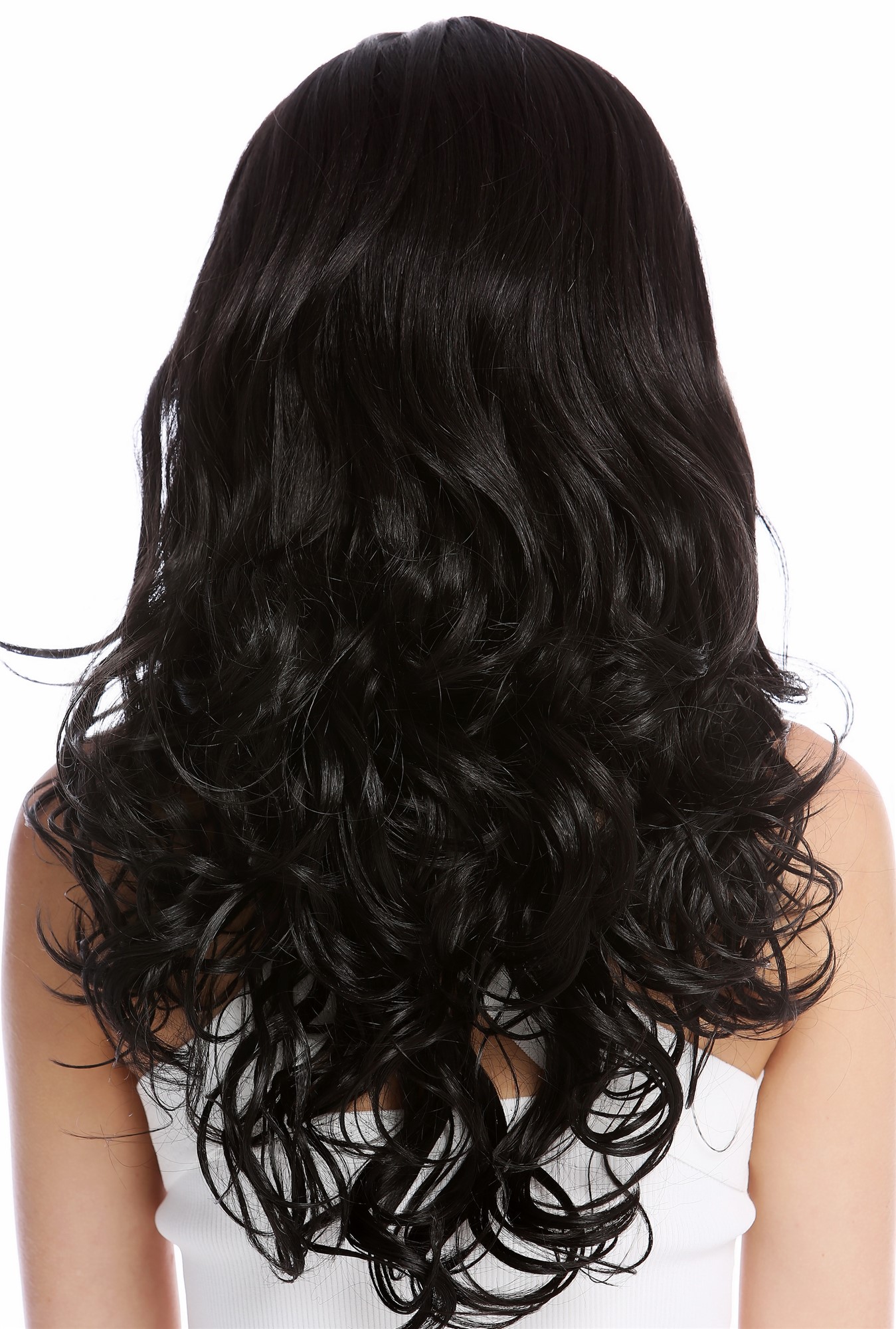 hochwertige Qualitätsperücken, Perücke Lang Gewellt Pony Schwarz SA103-2, Ansicht 4, WIG ME UP: Ihr Perücken Online Shop lockige Tressen-Perücke mit Kopfhaut-Imitat Schwarzbraun lange Haare für Damen