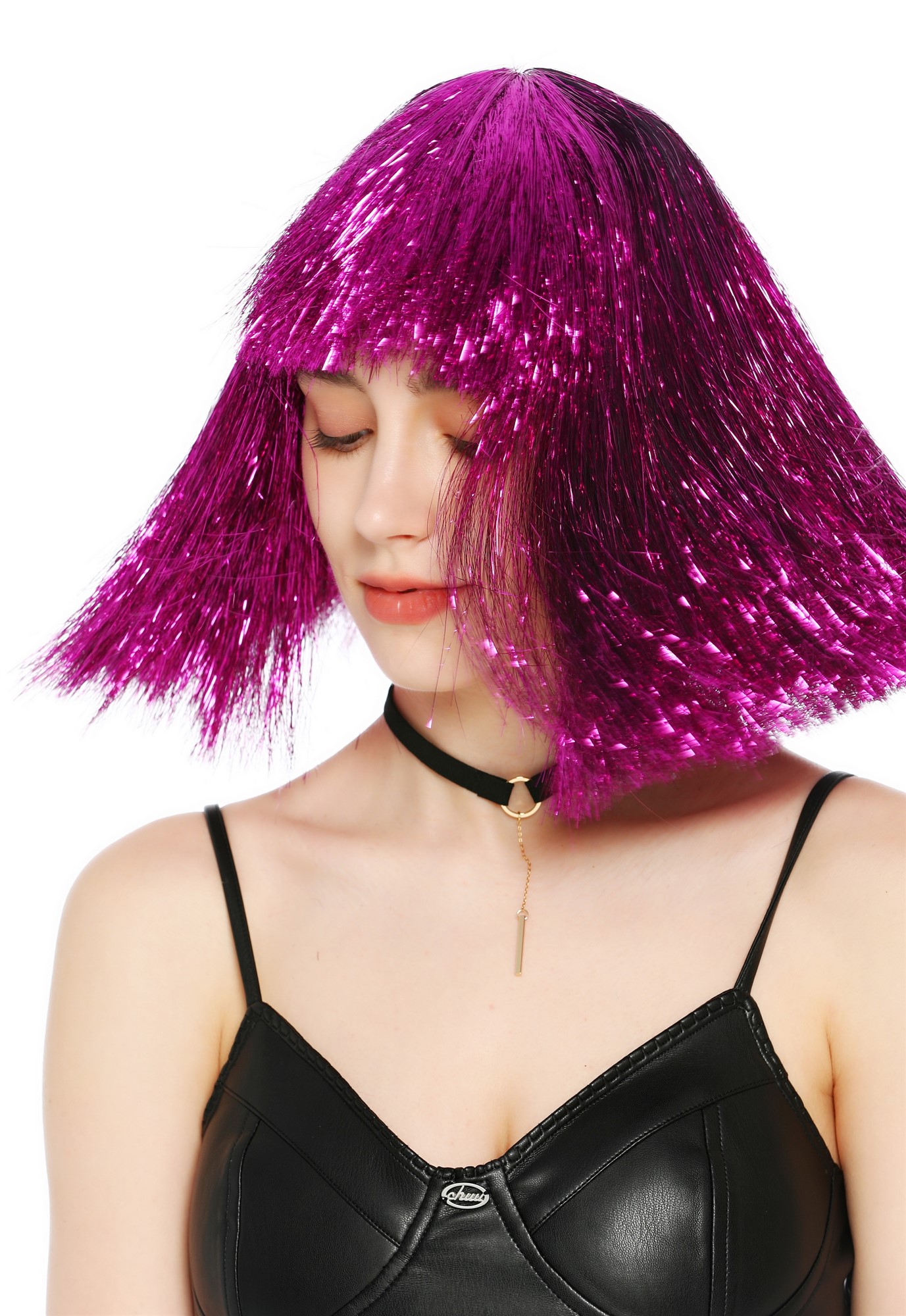Perücke Damen Glitzer Lametta Tinsel Look Longbob Pony Disco Lila VK-42-TN19