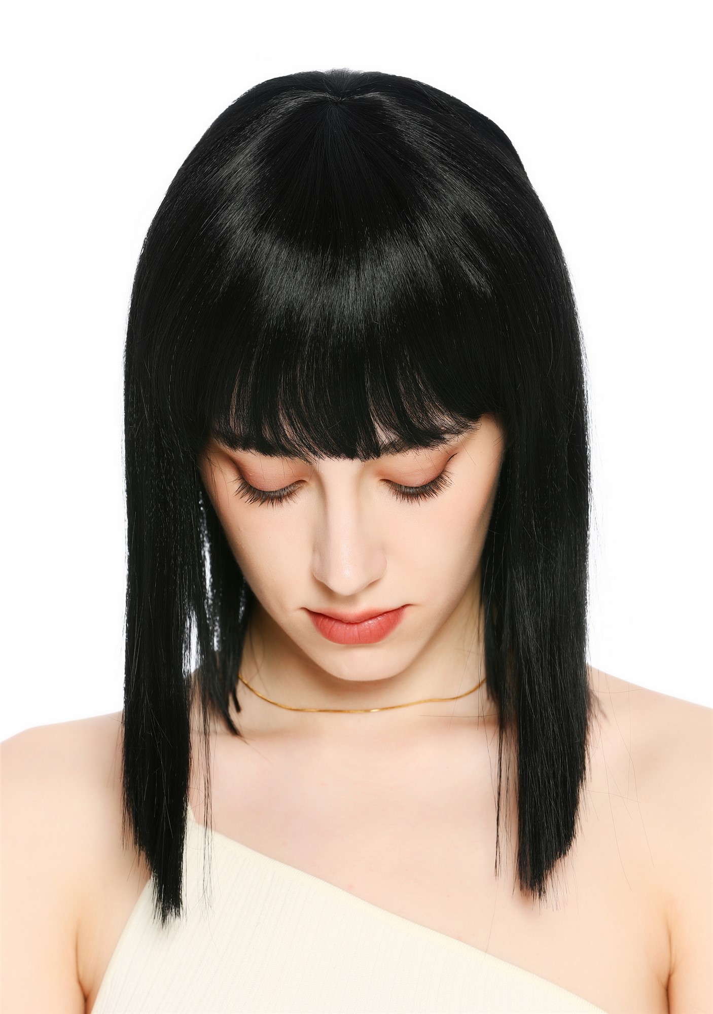 Perücke Damen Longbob glatt schulterlang Pony Clavi-Cut Schwarz Tiefschwarz VK-64-1