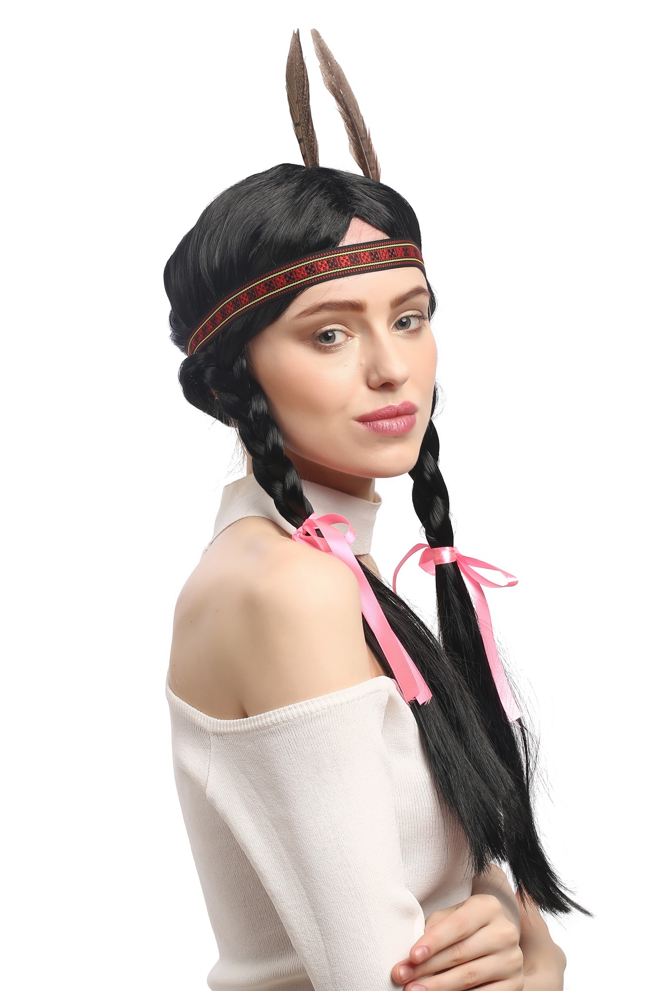 Lady Wig woman Native American long braided pigtails headband feather WG-7001, view 4, WIG ME UP: Your Perücken Online Shop Party Wig, Ladies, Black, Braided, long