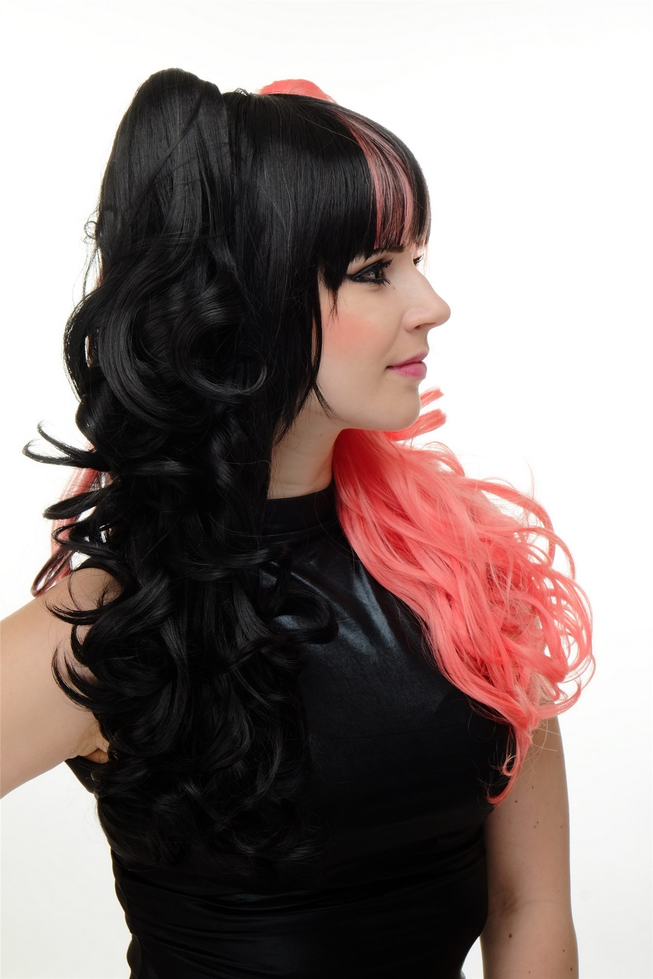 Lady Cosplay Wig + 2 ponytails pigtails curled split colour black pink YZF-7080H, view 4, WIG ME UP: Your Perücken Online Shop Quality Wigs, Ladies, black, pink, curled, shoulder-length