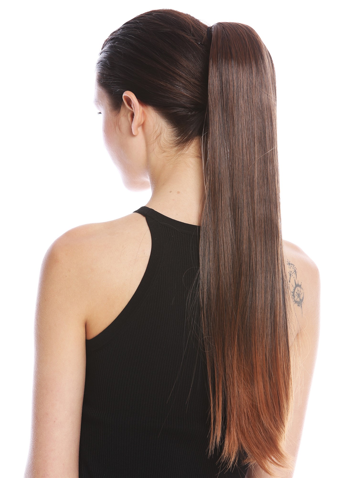 Ponytail Hairpiece comb ribbon wrap-around long smooth chestnut brown YZF-1094S, front view, WIG ME UP: Your Perücken Online Shop Ponytails, brown mix, straight, long