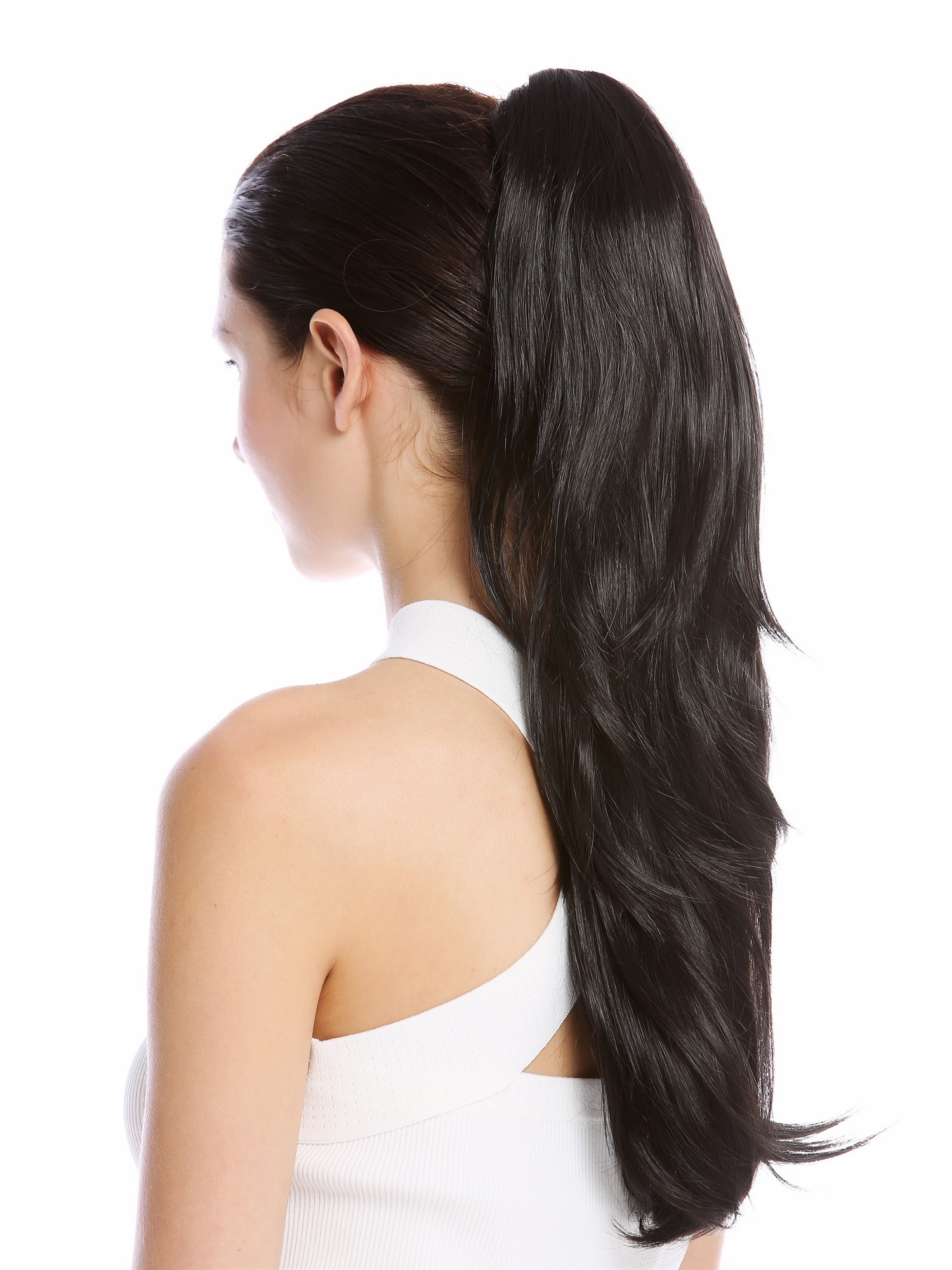 hochwertiger Zopf Pferdeschwanz lang glatt Schwarz TZB-26A-V-2, Vorderansicht, WIG ME UP: Ihr Perücken Online Shop glattes Zopf-Haarteil Schwarzbraun 45 cm lang