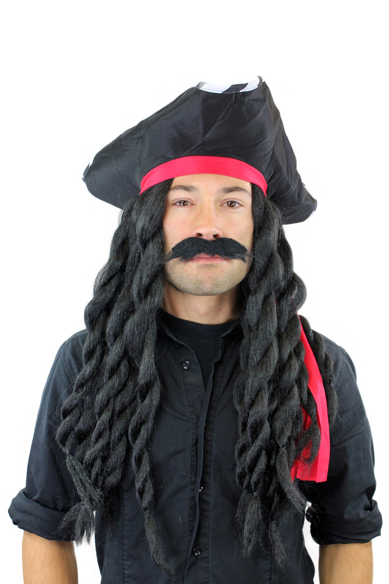 günstige Party Perücke, Piraten Set: Hut Bart & schwarze Perücke geflochtene Zöpfe Dreadlocks 68903-103, Ansicht 2, WIG ME UP: Ihr Perücken Online Shop geflochtene Party Perücke Schwarz lange Haare Unisex