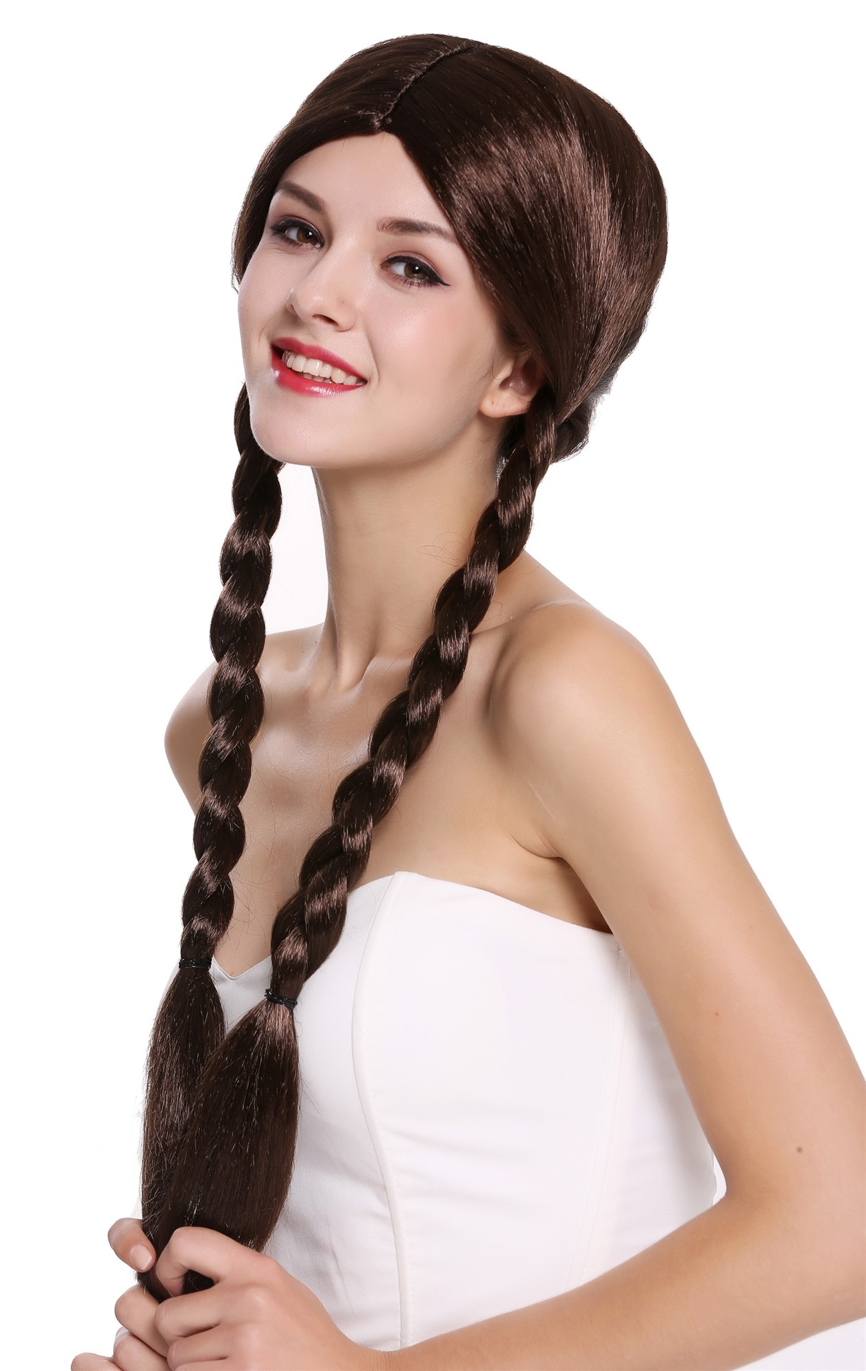 Lady Party Wig brown long braided pigtails queues girly Lolita Schoolgirl 90958, view 3, WIG ME UP: Your Perücken Online Shop Party Wig, Ladies, Brown, Braided, long