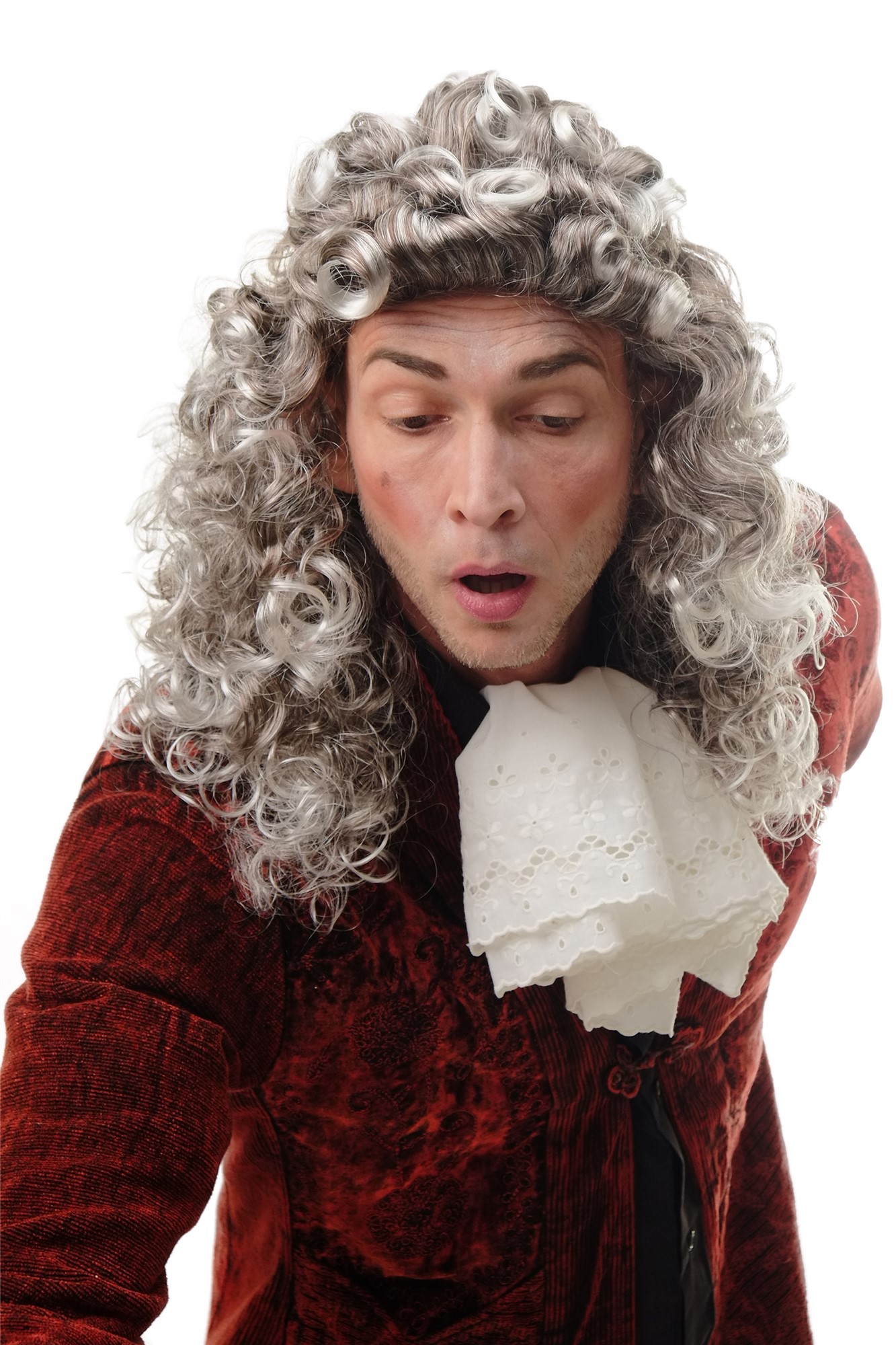 günstige Party Perücke, Perücke Vokuhila Proll Barock Edelmann Braun Grau Silbergrau AD-002-P4T309, Vorderansicht, WIG ME UP: Ihr Perücken Online Shop lockige Party Perücke Grau lange Haare Unisex