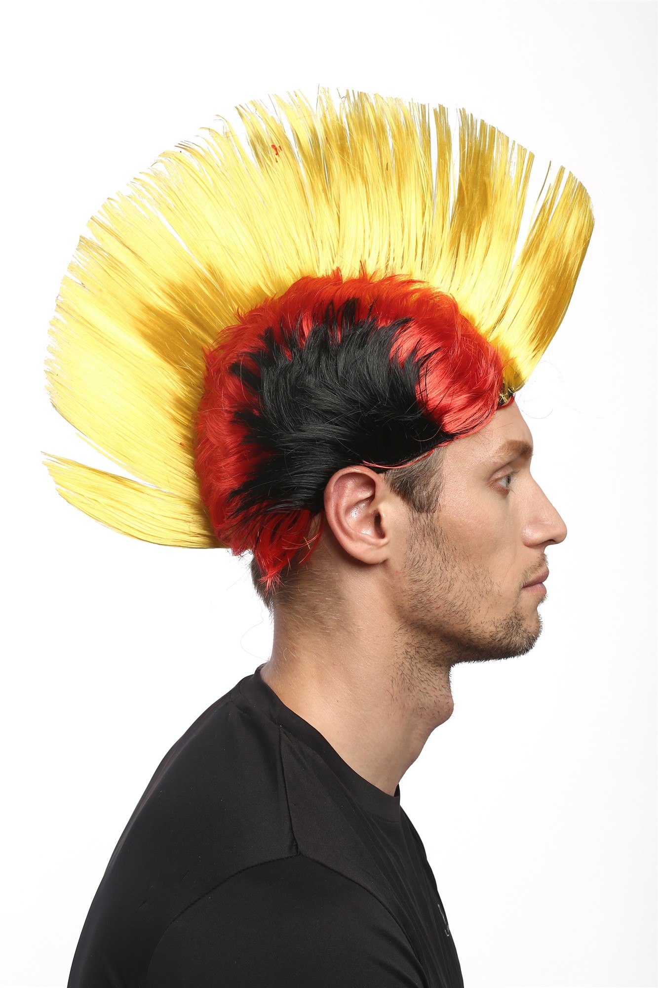 Wig Ladies Men Halloween Carnival black red yellow Soccer fan mohawk Germany Belgium, view 2, WIG ME UP: Your Perücken Online Shop Party Wig, Unisex, Gold, Red, Black, straight, short