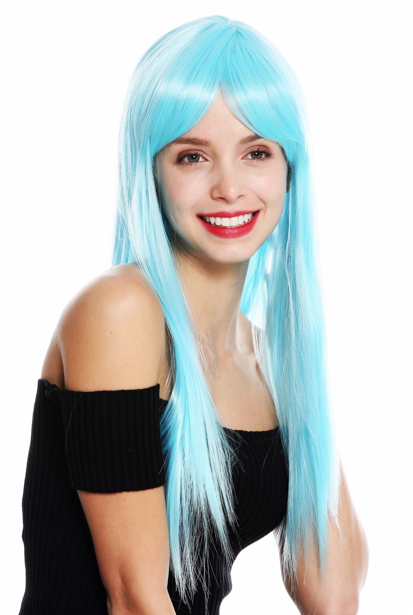 hochwertige Qualitätsperücken, Perücke lang glatt langer Pony gescheitelt Hellblau VK-8-T4516, Ansicht 2, WIG ME UP: Ihr Perücken Online Shop glatte Tressen-Perücke mit Kopfhaut-Imitat Eisblau lange Haare für Damen