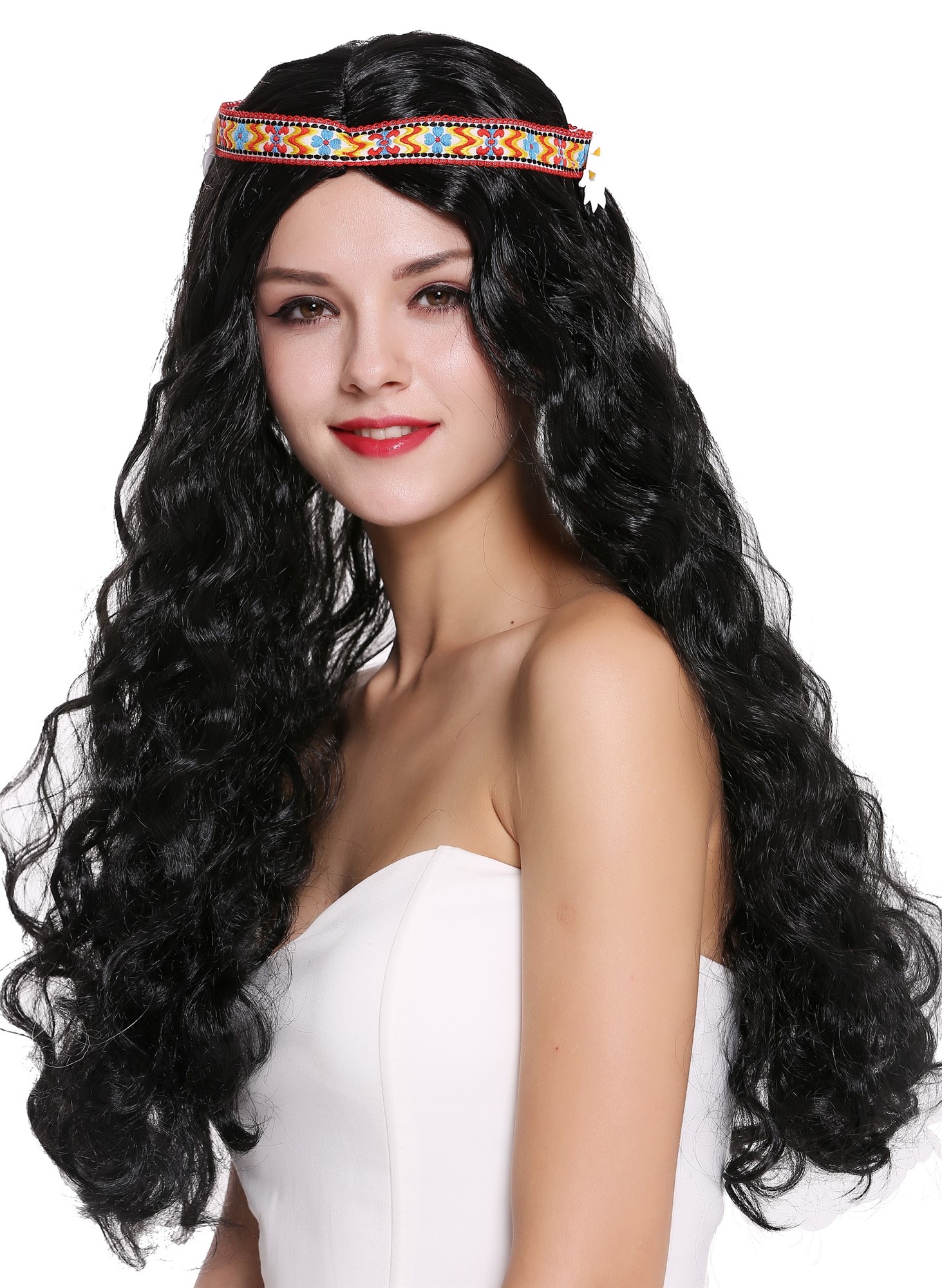 günstige Party Perücke, Perücke Stirnband Hippie lang schwarz 91298-ZA103, Vorderansicht, WIG ME UP: Ihr Perücken Online Shop wellige Party Perücke Schwarz lange Haare für Damen