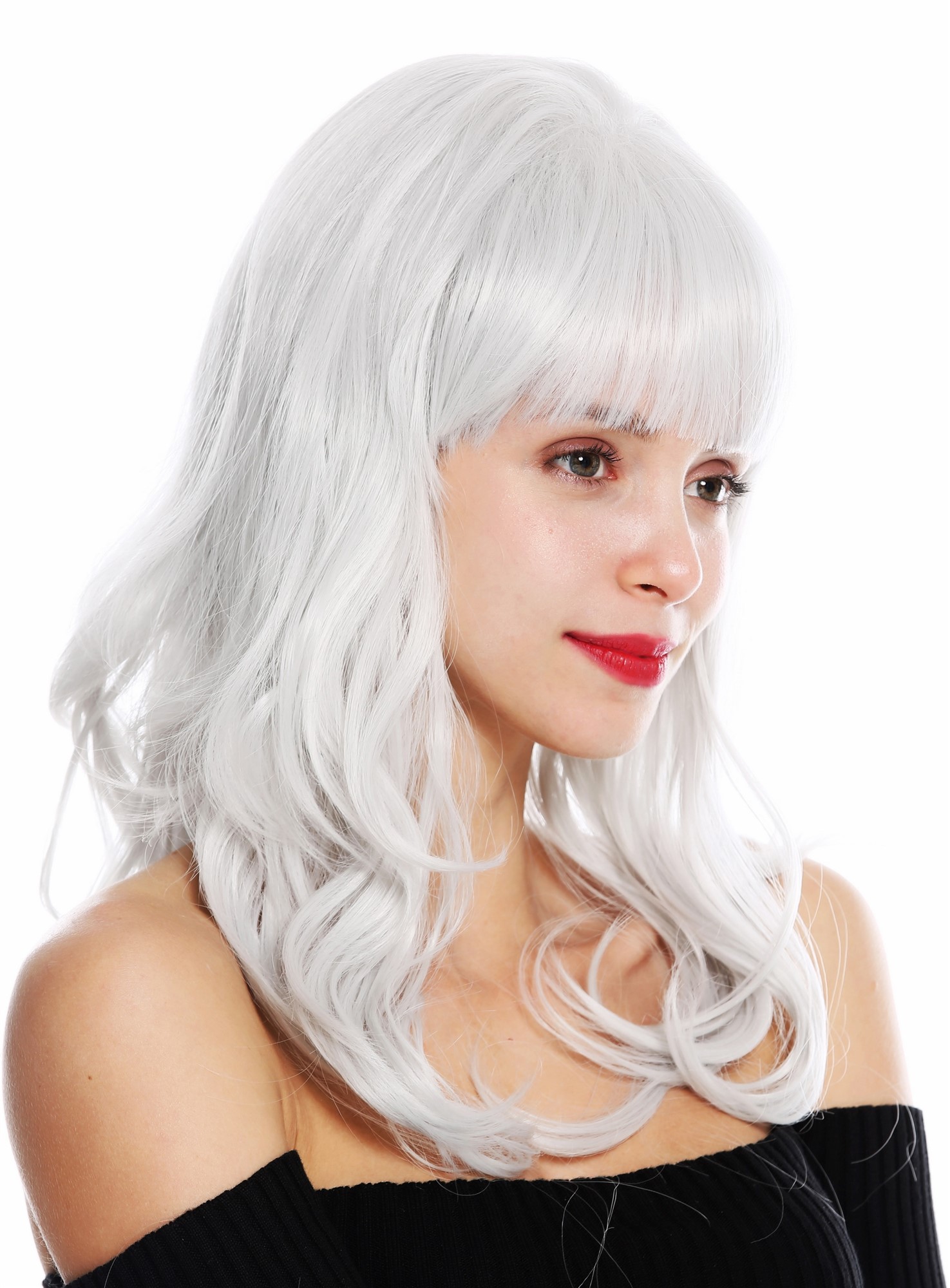 hochwertige Qualitätsperücken, Perücke lang wellig Pony helles Grau GFW3129-silvergray, Ansicht 2, WIG ME UP: Ihr Perücken Online Shop wellige Tressen-Perücke Hellgrau lange Haare für Damen