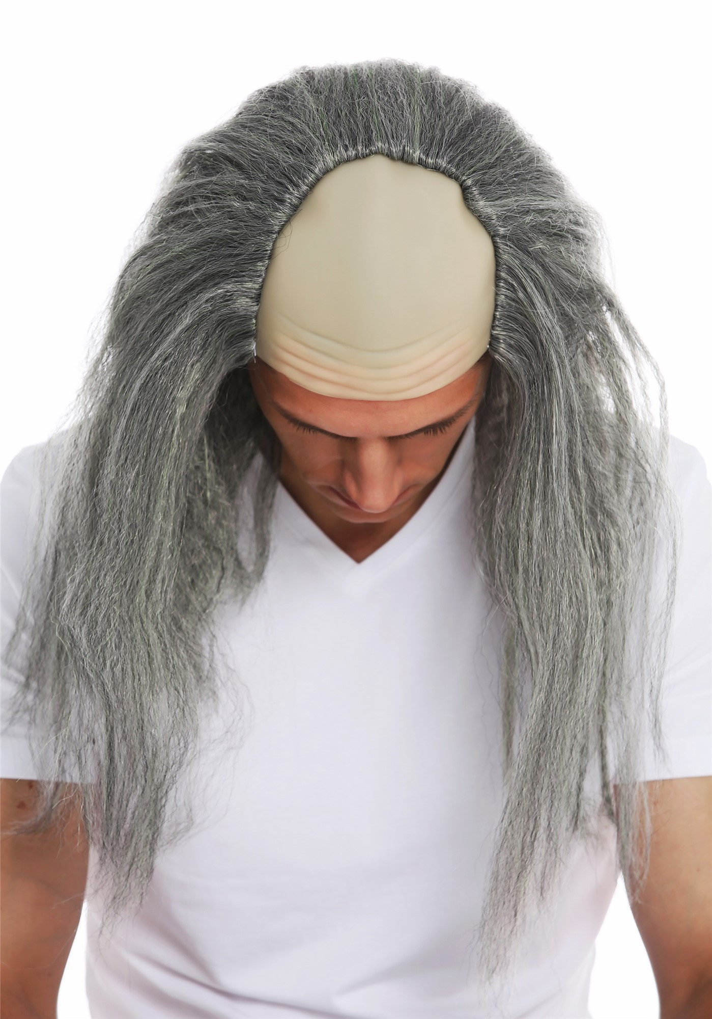 Party Wig, Men, Silver-gray wig with moss-green streaks, wavy, shoulder-length