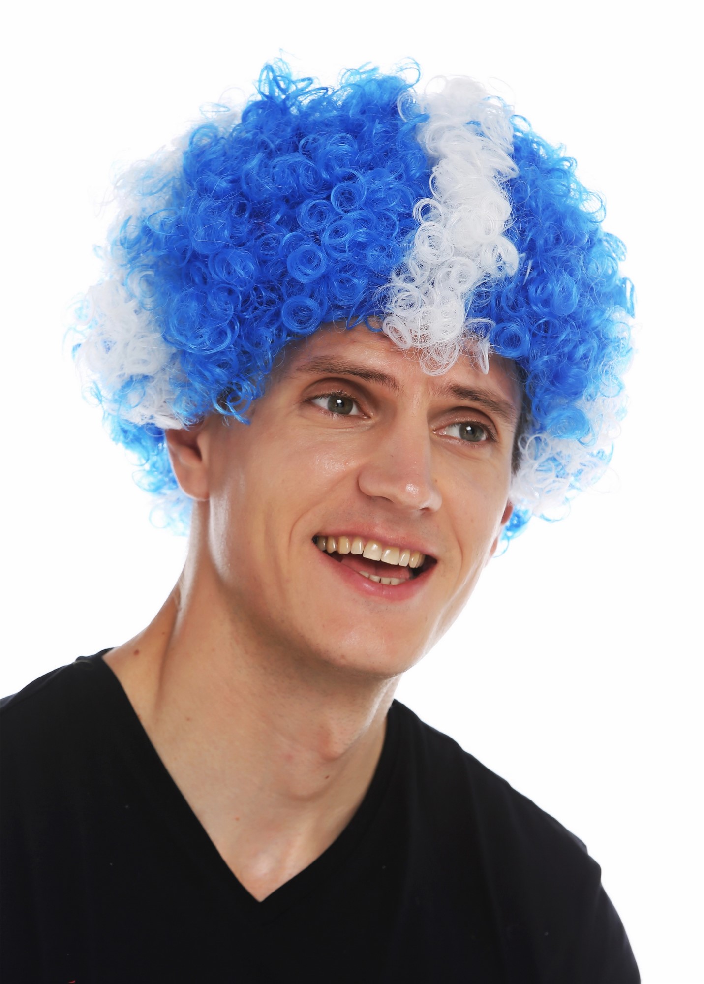 Fan wig afro soccer football world cup Scotland white cross on blue MMAM-15M , front view, WIG ME UP: Your Perücken Online Shop Party Wig, Unisex, blue-white mix, curled, short