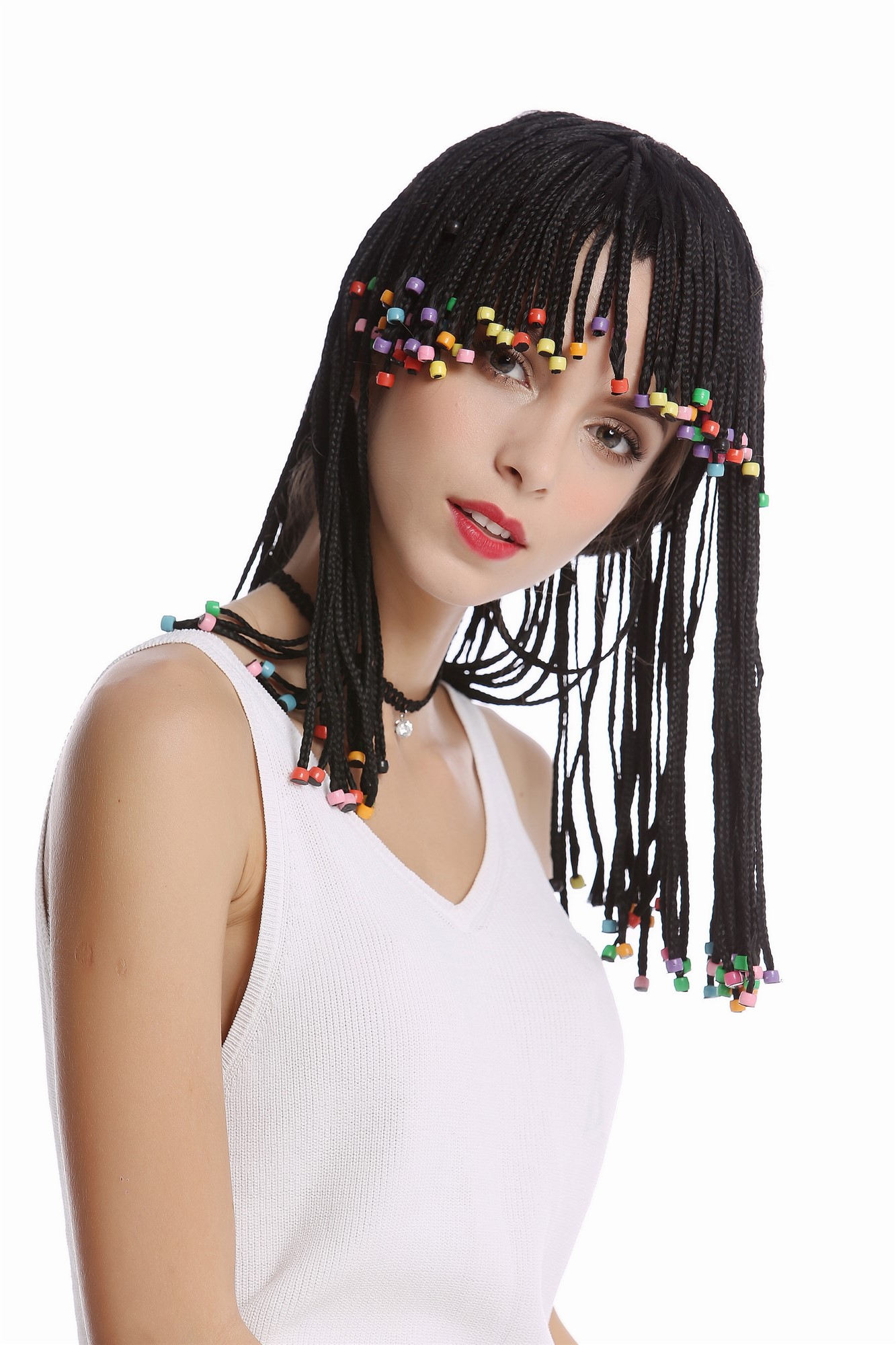 Wig Women Men braided strands + pearls Afro Caribbean style Reggae Gigiolo Soccer Beach Hippy, view 4, WIG ME UP: Your Perücken Online Shop Party Wig, Ladies, Black, Braided, shoulder-length