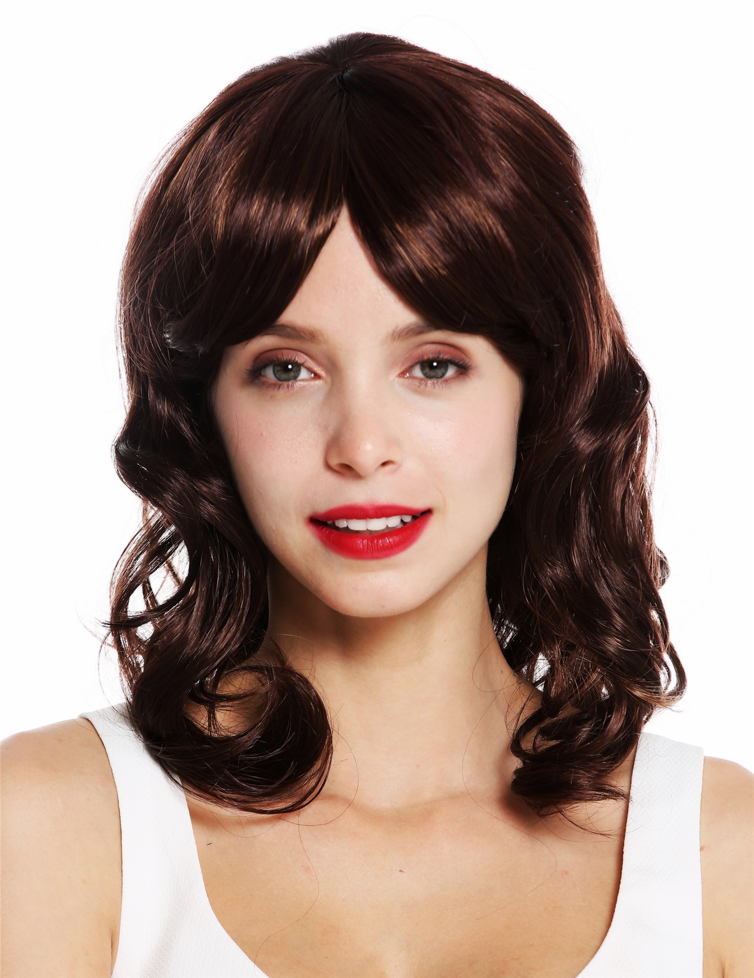 hochwertige Qualitätsperücken, Perücke lang Locken lockig Mahagoni Braun Strähnen Blond VK-52-33H27, Vorderansicht, WIG ME UP: Ihr Perücken Online Shop wellige Tressen-Perücke Braun-Blond-Mix schulterlange Haare für Damen