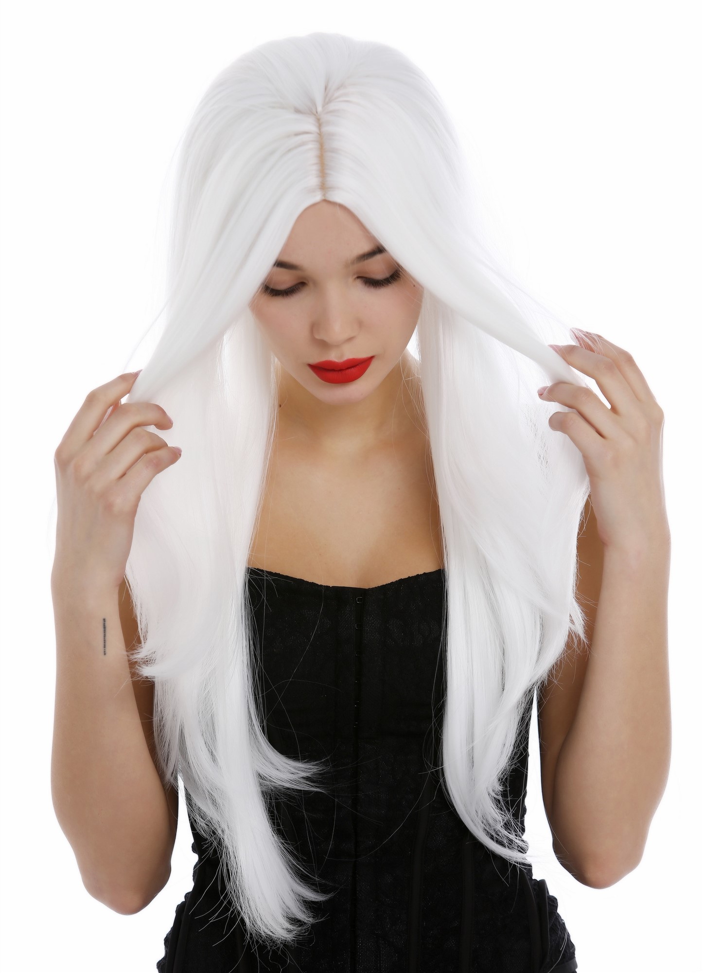 hochwertige Qualitätsperücken, Perücke sehr lang glatt gestuft Mittelscheitel Weiß 3217-1001, Ansicht 6, WIG ME UP: Ihr Perücken Online Shop glatte Tressen-Perücke mit Kopfhaut-Imitat Blütenweiß sehr lange Haare für Damen