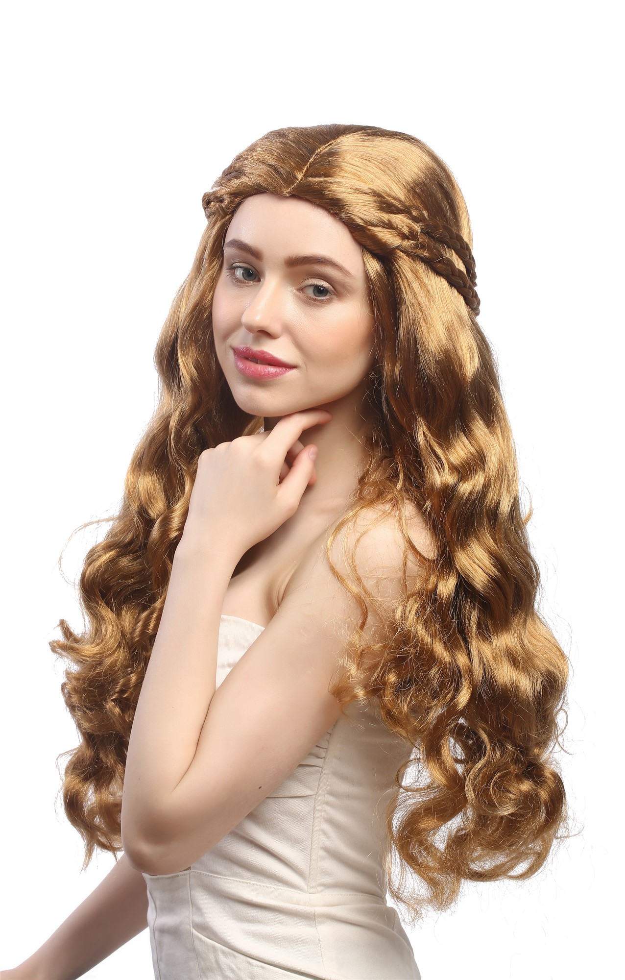 Lady Party Wig fairytale romantic style braided strands hair circlet long Hippie Princess blond mix, front view, WIG ME UP: Your Perücken Online Shop Party Wig, Ladies, Blonde, Brown, Braided, long