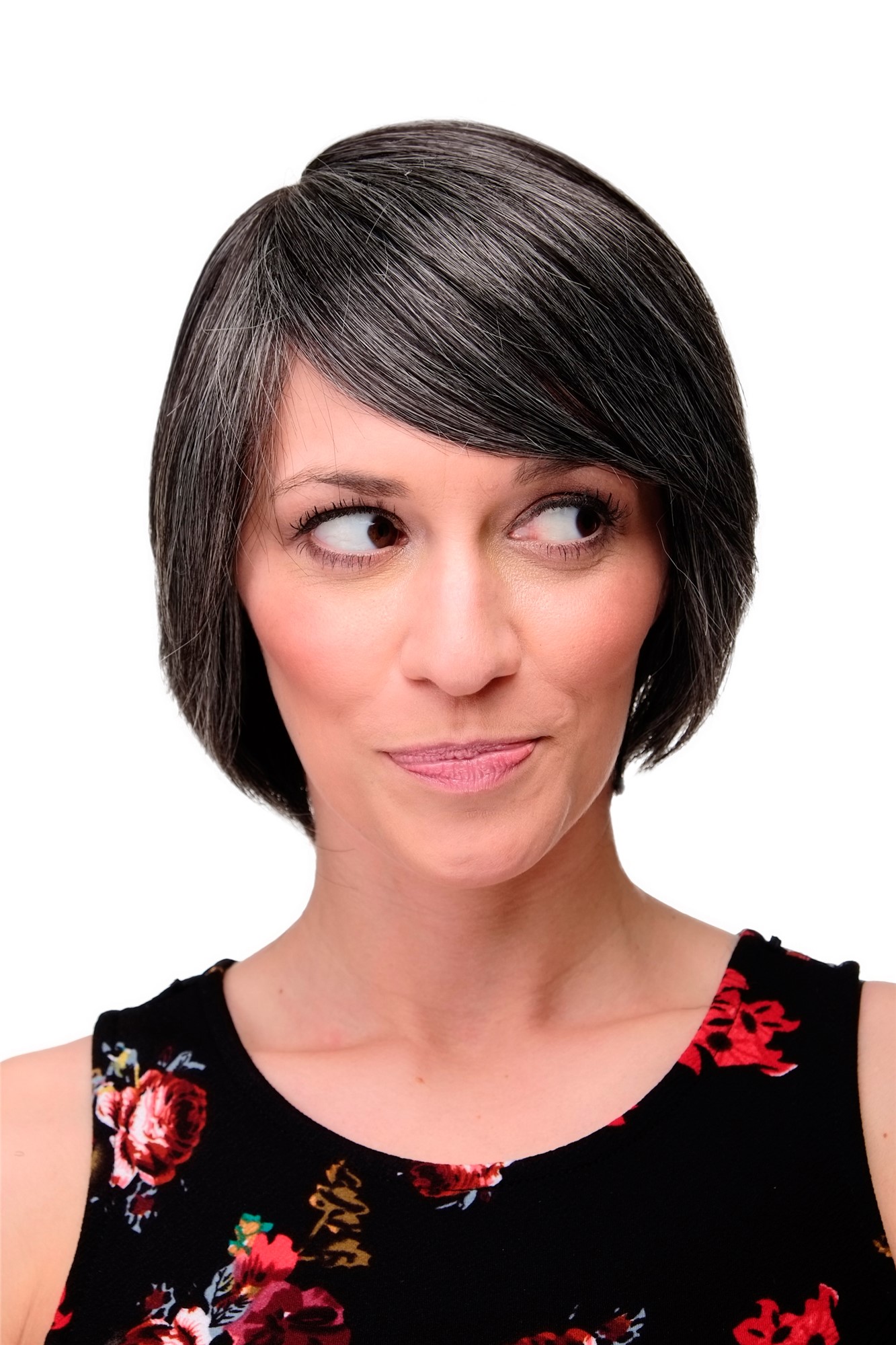 Lady women wig short long bob page long fringe parted to side dark gray 6082, front view, WIG ME UP: Your Perücken Online Shop Quality Wigs, Ladies, dark brown-gray mix, straight, short