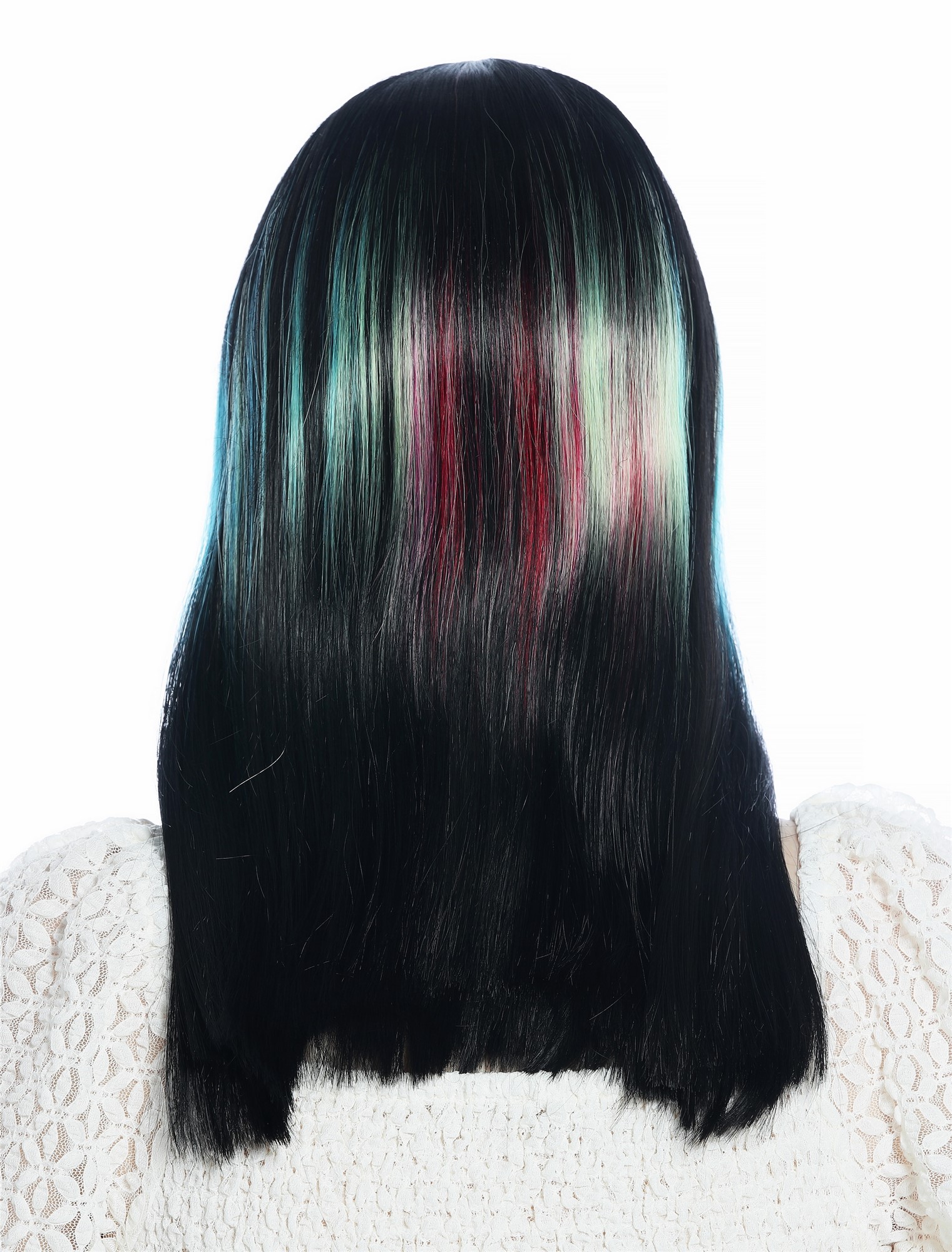 hochwertige Qualitätsperücken, Perücke lang glatt Mittelscheitel Schwarz bunte Strähnen DW3314A-YP1B/1137, Ansicht 6, WIG ME UP: Ihr Perücken Online Shop glatte Tressen-Perücke mit Kopfhaut-Imitat Schwarz mit regenbogenfarbenen Strähnen schulterlange Haare für Damen