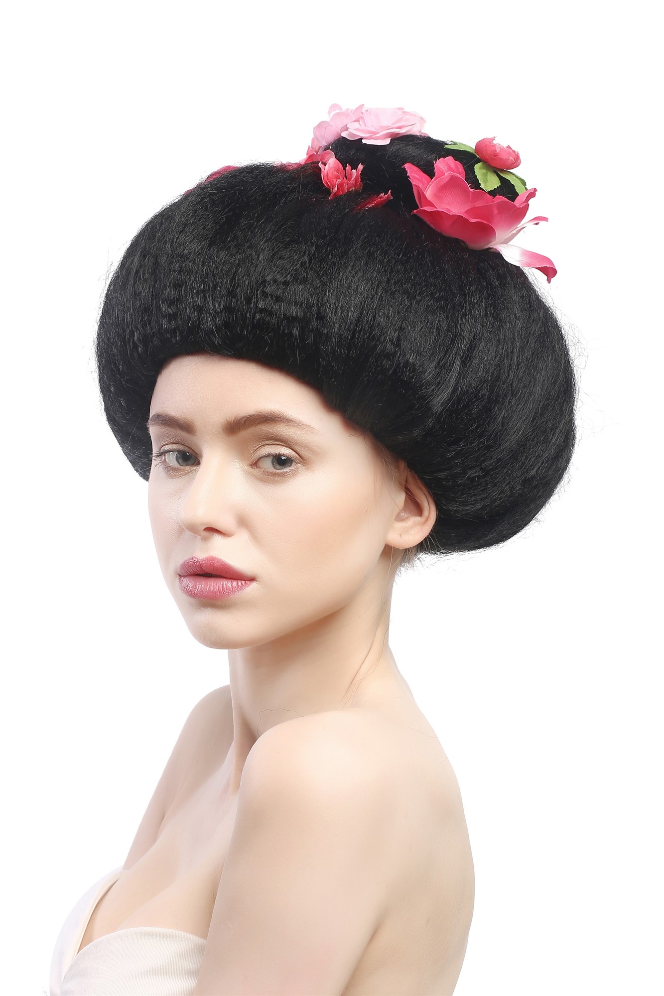Lady Party Wig Halloween Geisha Maiko Japan China flowers in black hair 4665, view 4, WIG ME UP: Your Perücken Online Shop Party Wig, Ladies, Black, straight, short