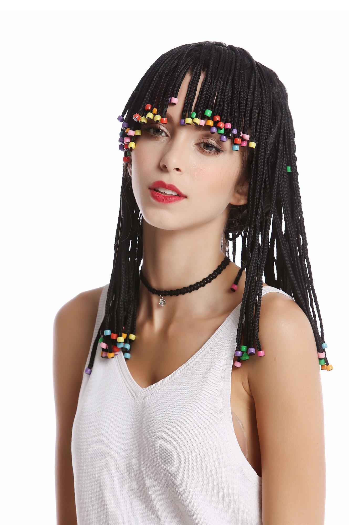 Wig Women Men braided strands + pearls Afro Caribbean style Reggae Gigiolo Soccer Beach Hippy, view 2, WIG ME UP: Your Perücken Online Shop Party Wig, Ladies, Black, Braided, shoulder-length