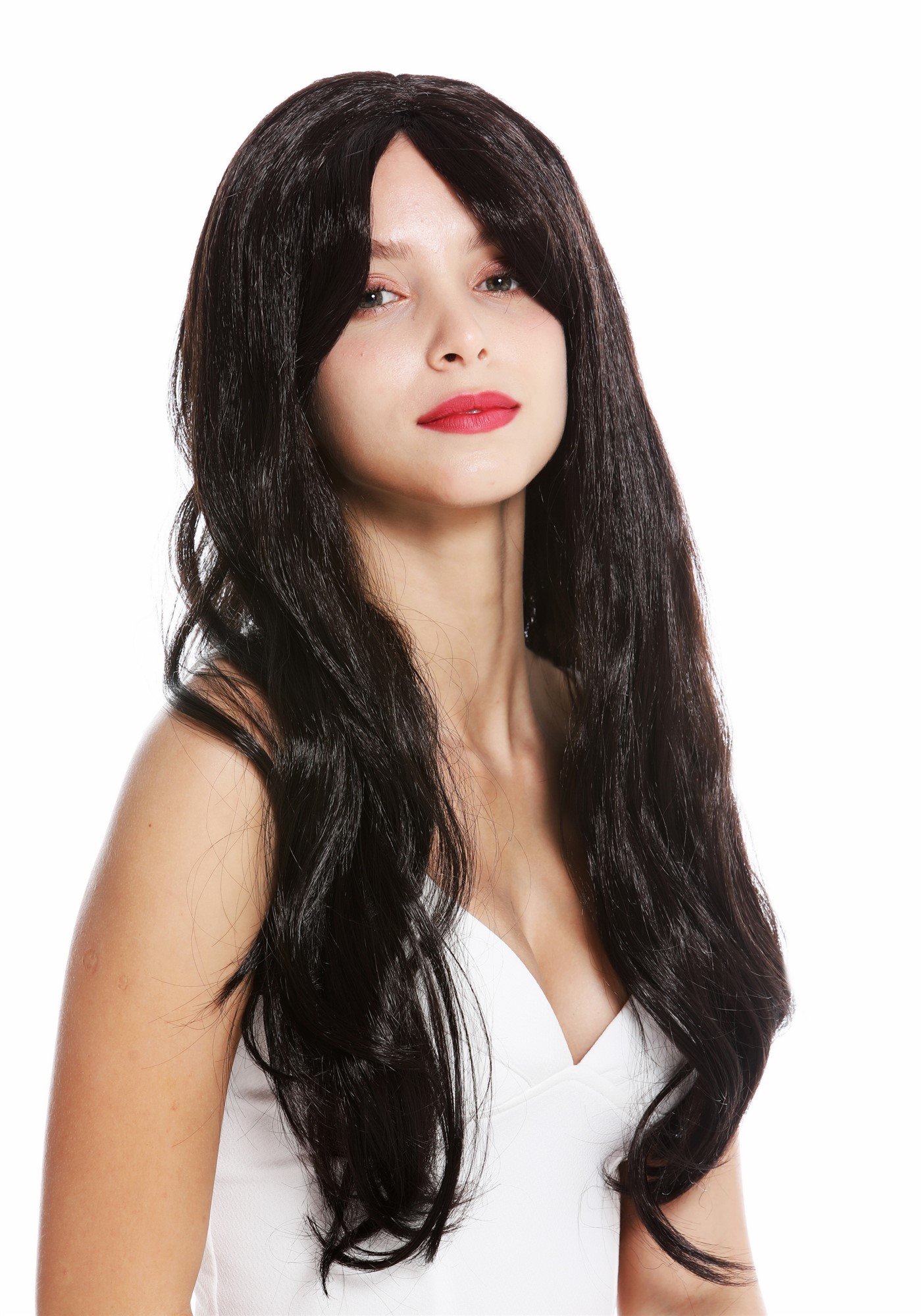 günstige Party Perücke, Perücke lang glatt braun schwarzbraun Schneewittchen 90924-ZA1, Ansicht 3, WIG ME UP: Ihr Perücken Online Shop wellige Party Perücke Schwarzbraun lange Haare für Damen