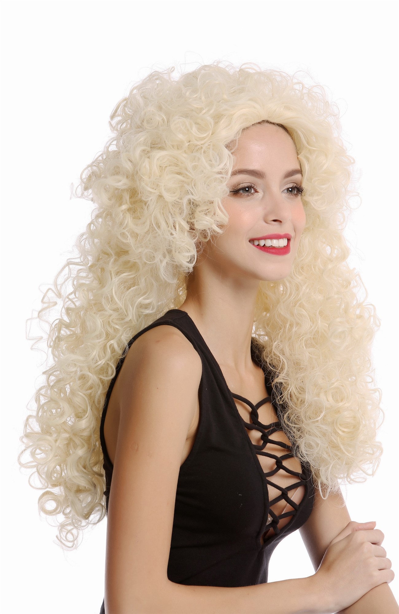 hochwertige Qualitätsperücken, Perücke Lang Locken Blond Mähne YZF-4380-613, Vorderansicht, WIG ME UP: Ihr Perücken Online Shop lockige Tressen-Perücke Platinblond lange Haare für Damen