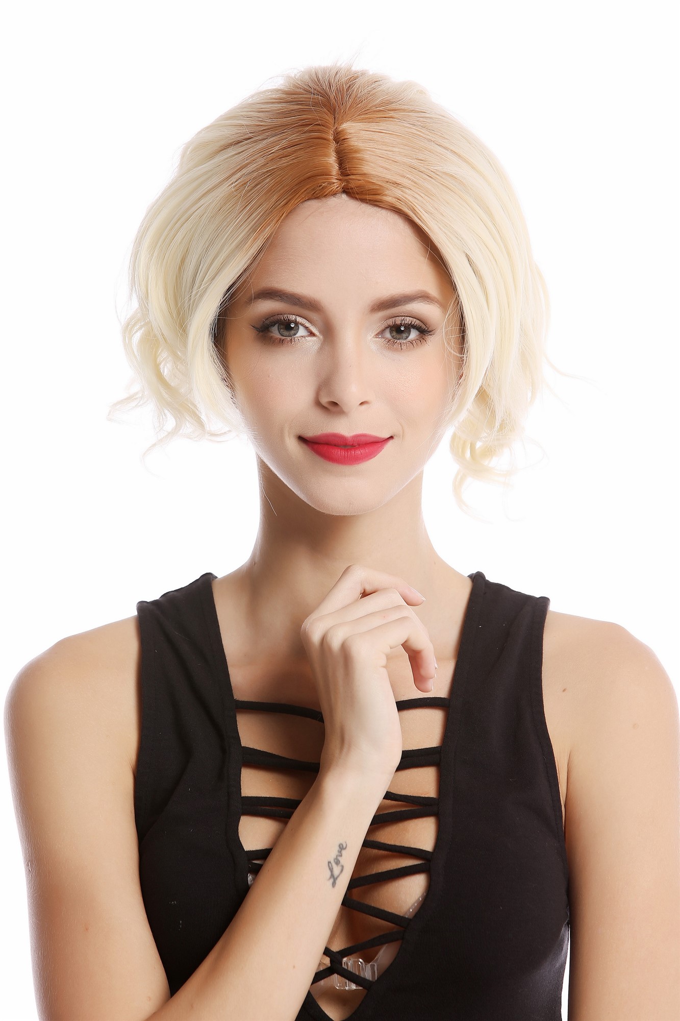 YZF-4359-613 Lady  Wig short Longbob Bob middle parting wavy blond platinum mix, front view, WIG ME UP: Your Perücken Online Shop Quality Wigs, Ladies, platinum blonde, wavy, short