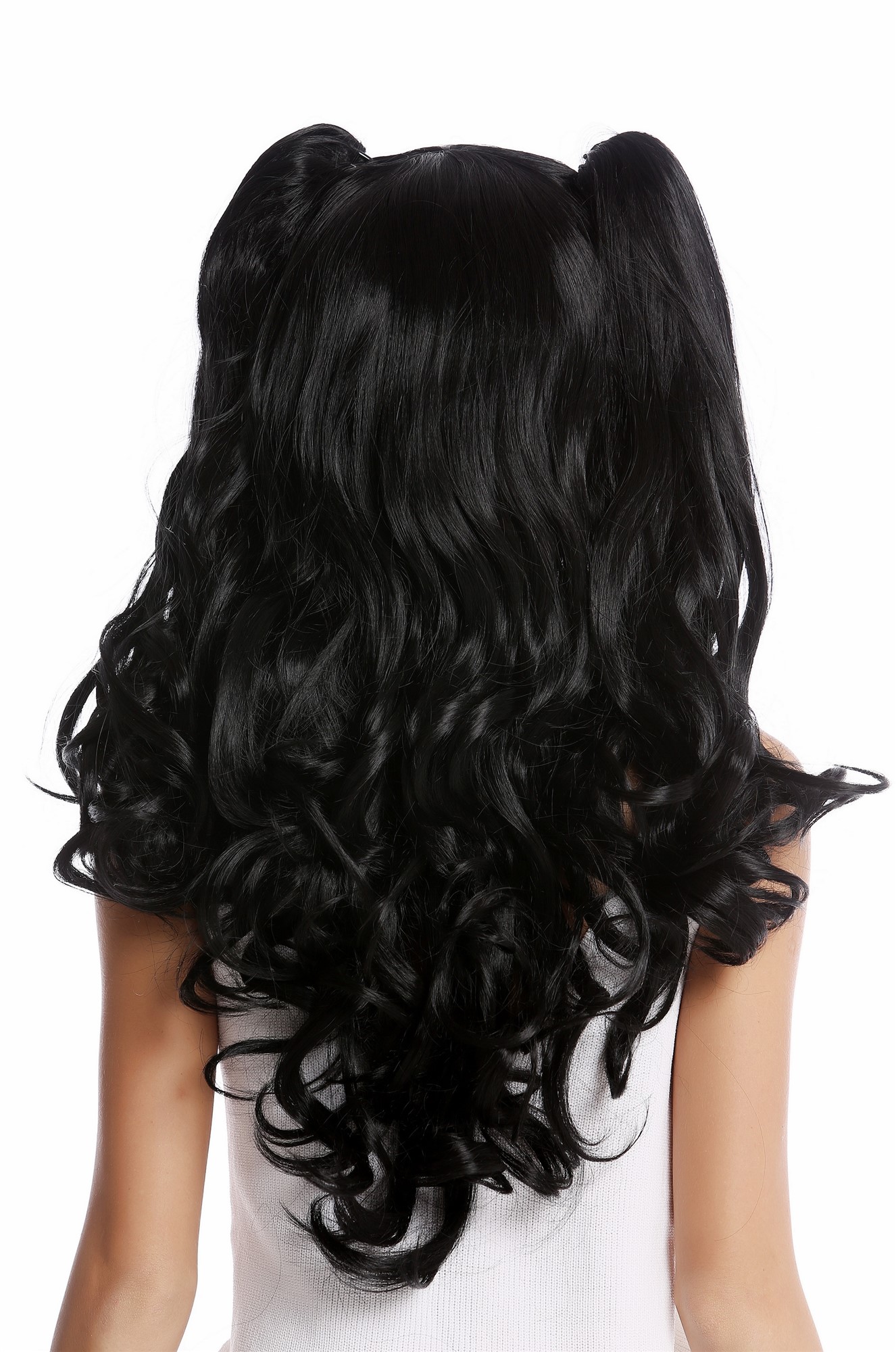 hochwertige Qualitätsperücken, Perücke Cosplay 2 Zöpfe Schwarz YZF-4379-1, Ansicht 3, WIG ME UP: Ihr Perücken Online Shop wellige Tressen-Perücke Schwarz lange Haare für Damen