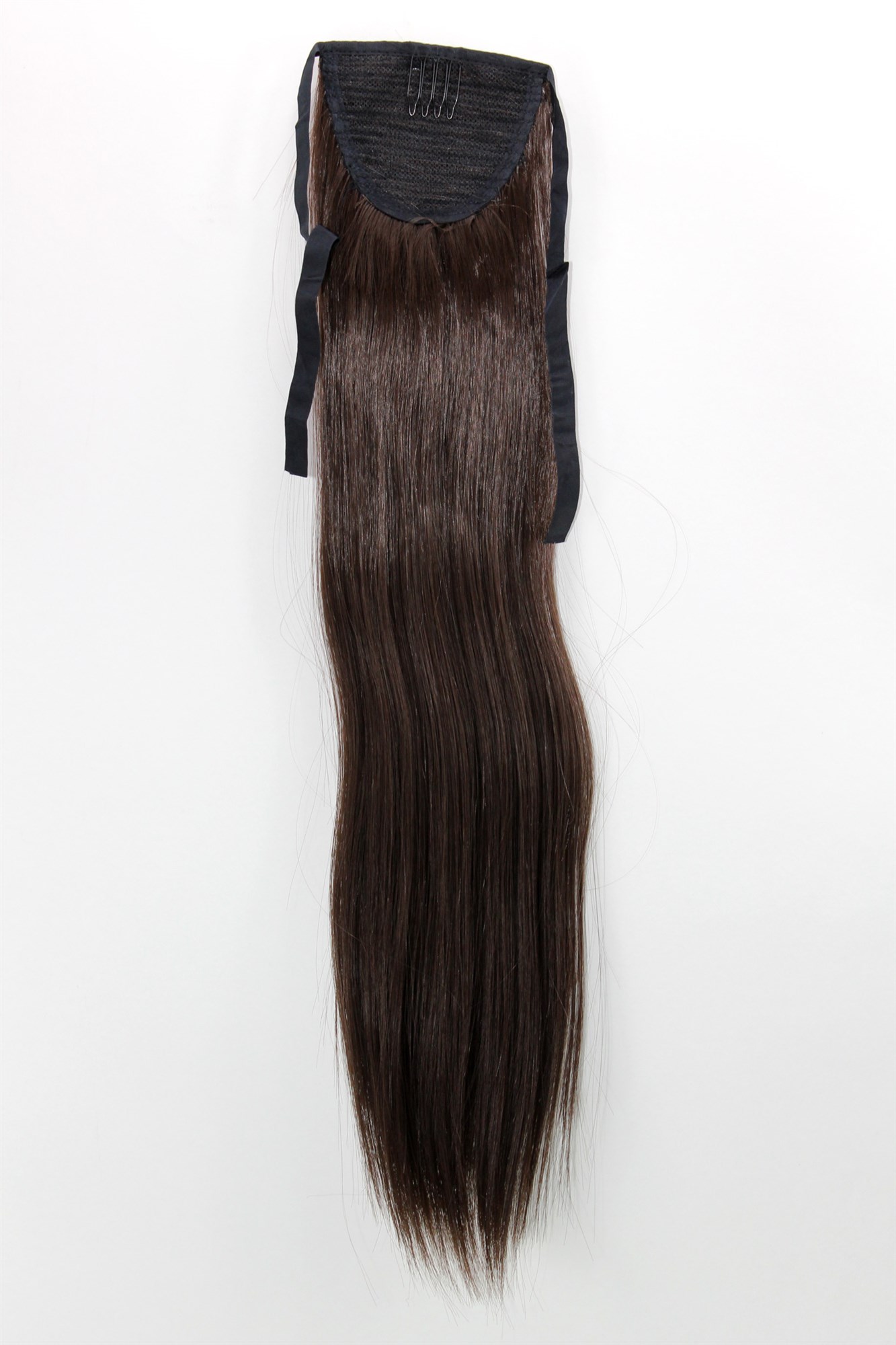 YZF-TS18-6 Hairpiece Pontail Pigtail extension slim light straight comb and ribbon dark to medium chocolate brown, view 2, WIG ME UP: Your Perücken Online Shop Ponytails, Brown, straight, shoulder-length