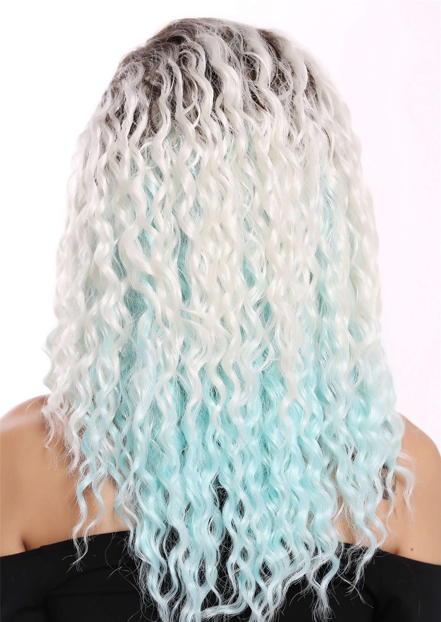 hochwertige Qualitätsperücken, Perücke Afro Locken gekreppt Seitenscheitel Braun Blond Blau 803AD-8+60+L-BLUE, Ansicht 4, WIG ME UP: Ihr Perücken Online Shop lockige Tressen-Perücke mit Kopfhaut-Imitat Aschbraun-Schwedenblond-Türkisblau-Mix lange Haare für Damen