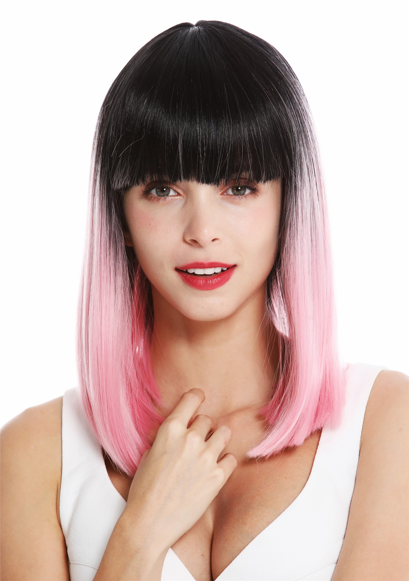 hochwertige Qualitätsperücken, Perücke schulterlang glatt Pony Ombre Schwarz Rosa VK-2-T2311YS1B, Ansicht 2, WIG ME UP: Ihr Perücken Online Shop glatte Tressen-Perücke mit Kopfhaut-Imitat Rosa-Schwarz-Mix schulterlange Haare für Damen