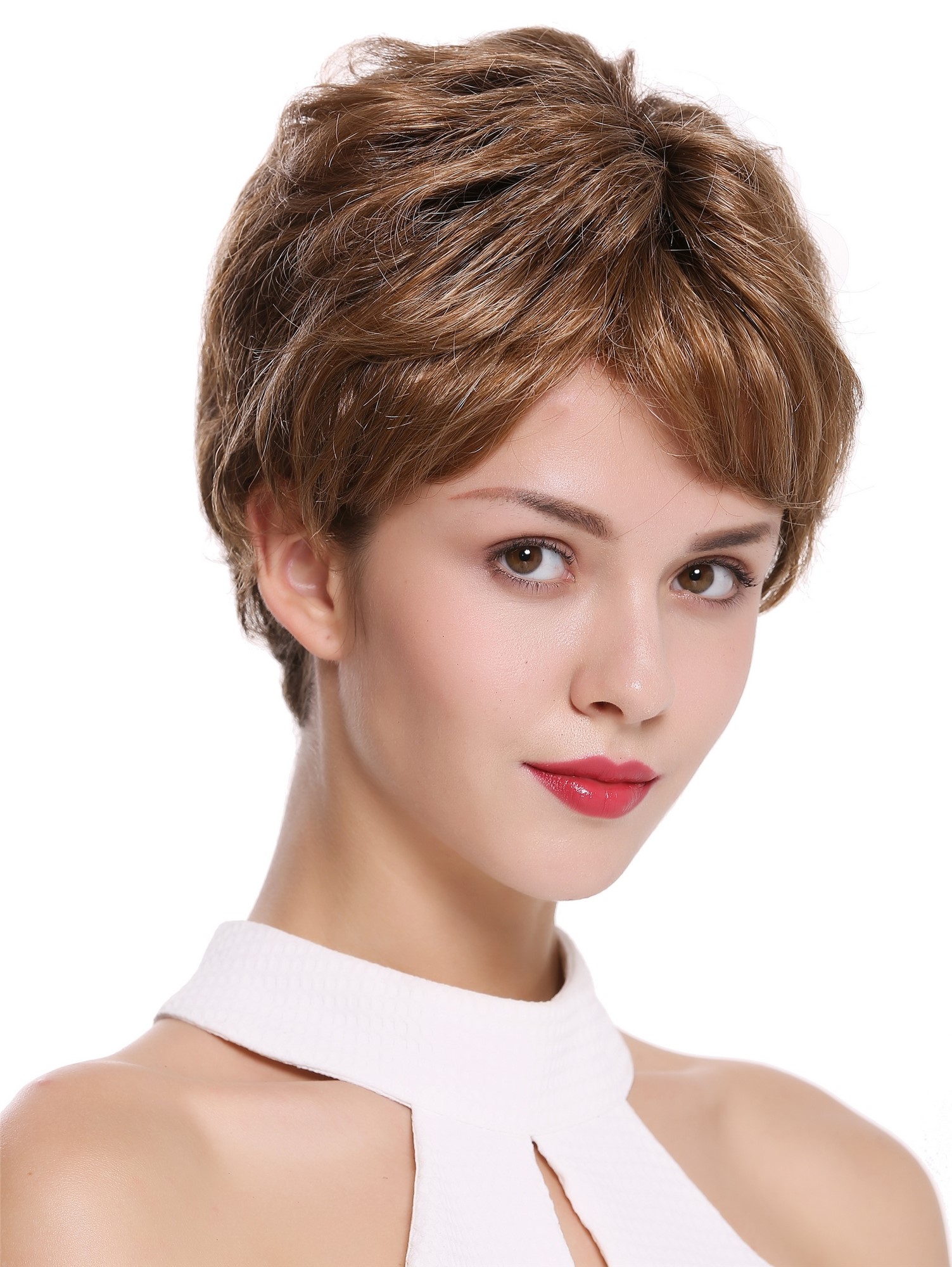 hochwertige Qualitätsperücken, Perücke Monofilament Kurz Goldbraun Dunkelblond PORTO-MF-47-12-0-8YS4, Vorderansicht, WIG ME UP: Ihr Perücken Online Shop wellige Tressen-Perücke mit Teil-Mono Scheitel, Front-Lace Goldbraun-Dunkelblond-Aschbraun-Dunkelbraun-Mix kurze Haare für Unisex