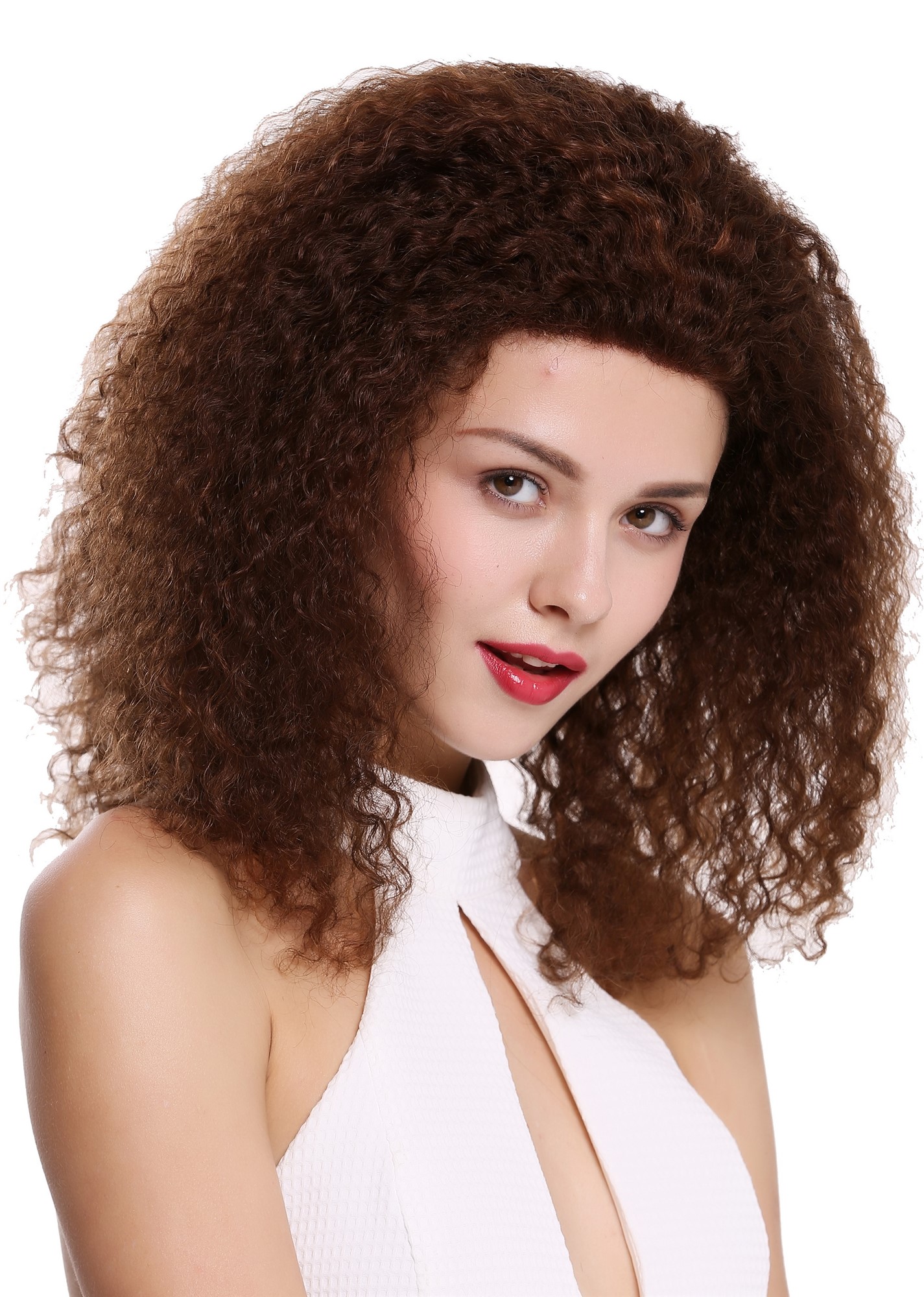 hochwertige Qualitätsperücken, Perücke Echthaar Lace-Front Teil-Mono Locken Volumen Braun Kupferbraun Mix UR-015-HH-MF-4/30, Vorderansicht, WIG ME UP: Ihr Perücken Online Shop lockige Tressen-Perücke mit Front-Lace 100% Echthaar Dunkelbraun-Kupferbraun-Mix schulterlange Haare für Damen