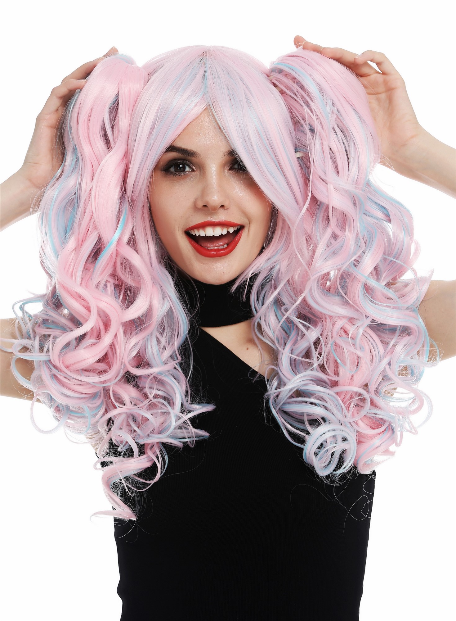 hochwertige Qualitätsperücken, Perücke Cosplay Lolita 2 Zöpfe Rosa Blau Mix lang lockig TYS-295+298-T1911HTF2513, Ansicht 2, WIG ME UP: Ihr Perücken Online Shop lockige Tressen-Perücke mit Kopfhaut-Imitat Rosa-Blau-Mix lange Haare für Damen