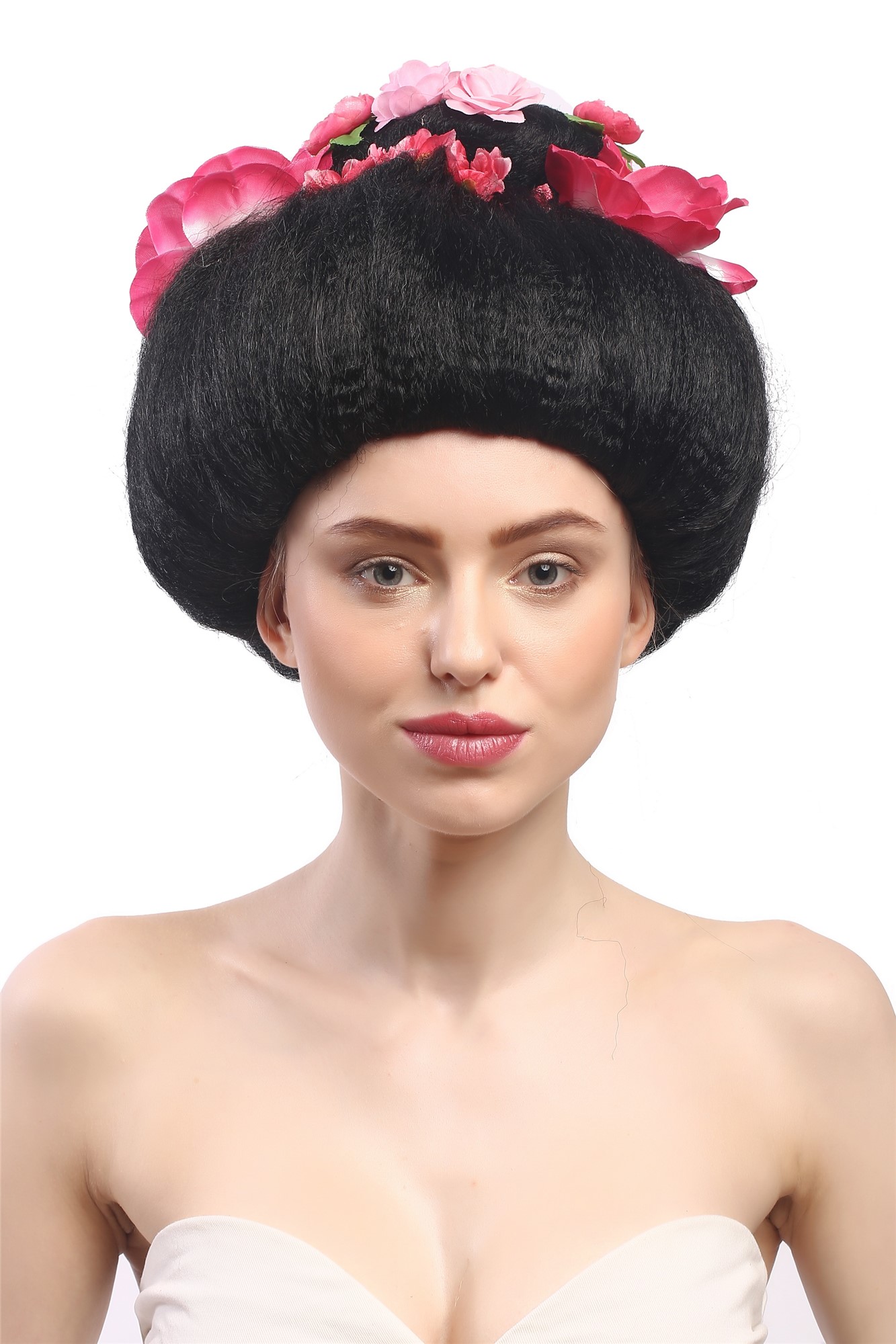 Lady Party Wig Halloween Geisha Maiko Japan China flowers in black hair 4665, front view, WIG ME UP: Your Perücken Online Shop Party Wig, Ladies, Black, straight, short