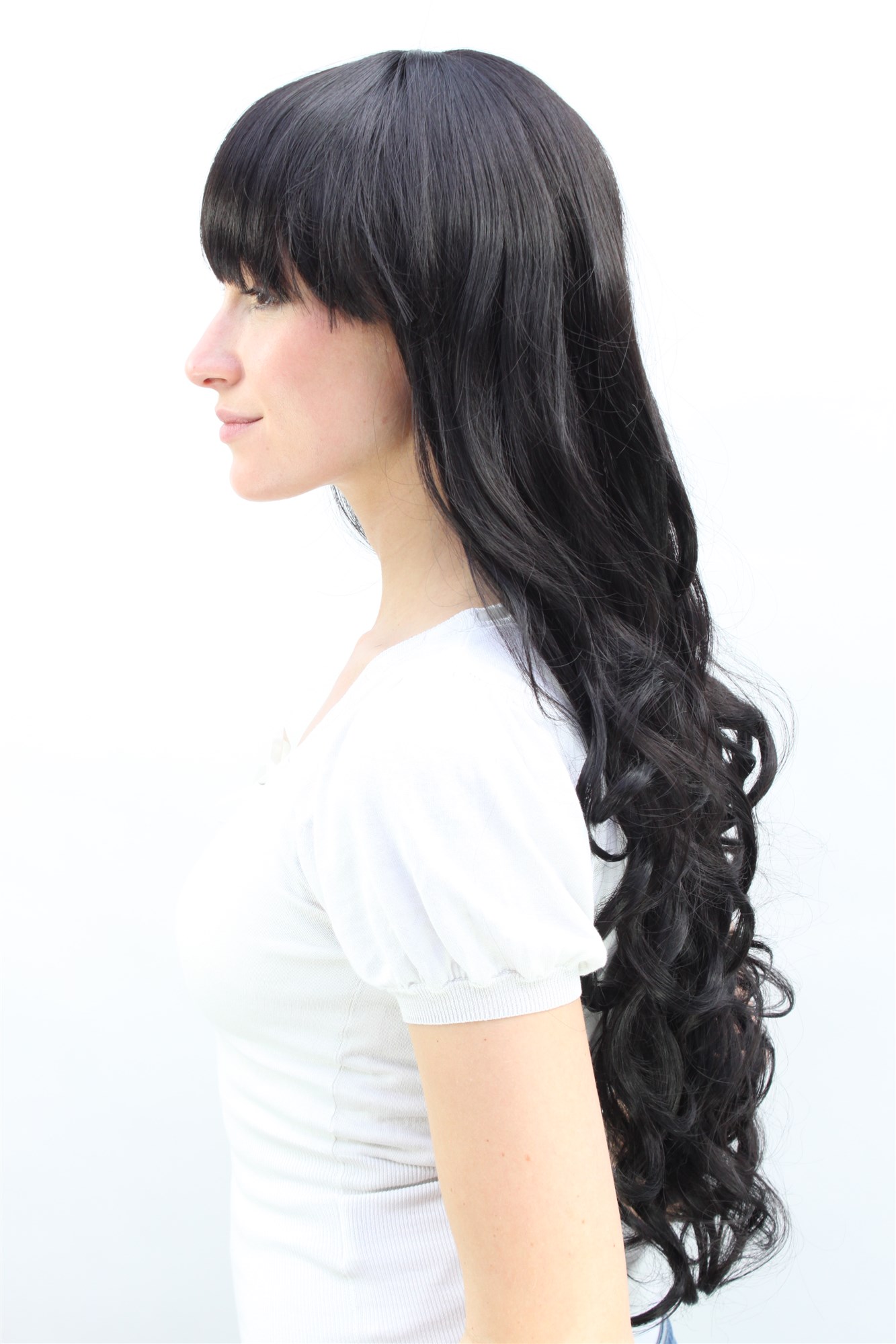 Lady wig very long straight with curled wavy tips bangs fringe off black 3116, view 3, WIG ME UP: Your Perücken Online Shop Quality Wigs, Ladies, black-brown, curled, long