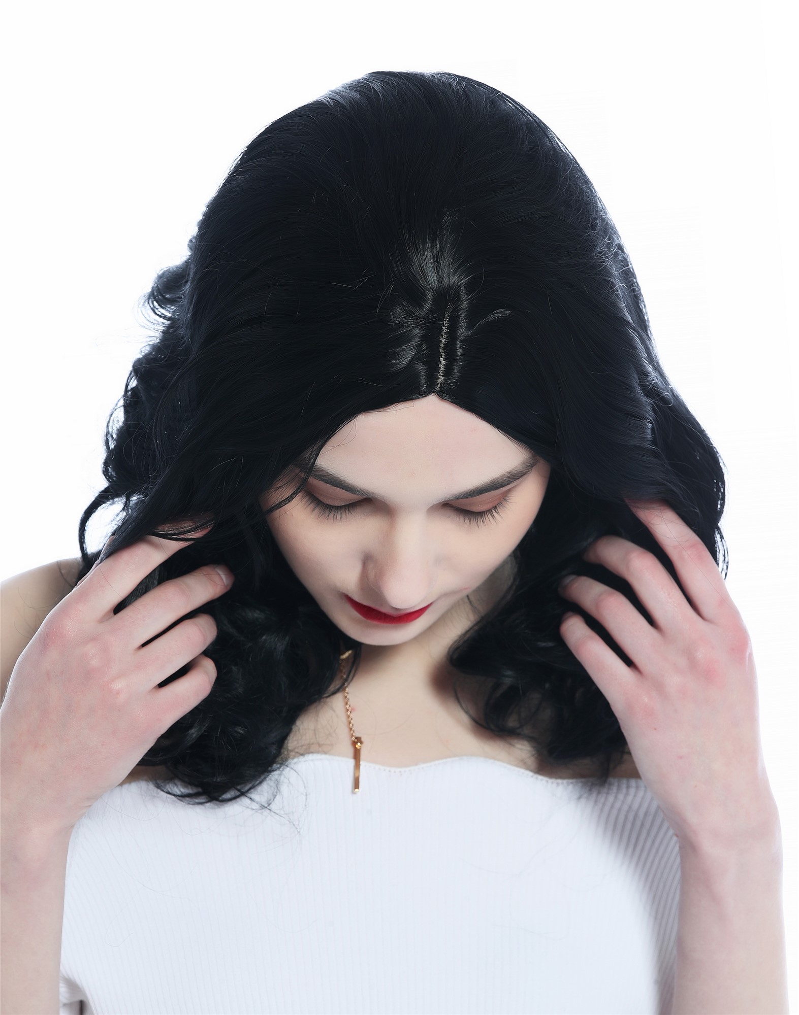 Lady wig shoulder length wavy curled tips central parting velvet black ZM-1024 , view 5, WIG ME UP: Your Perücken Online Shop Quality Wigs, Ladies, velvet black, curled, shoulder-length