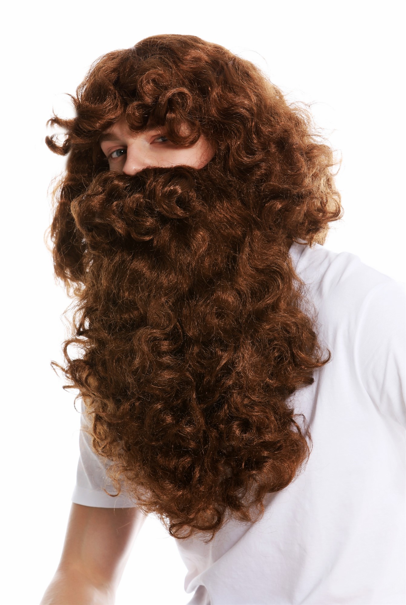 Wig & Beard set Deluxe Saint Nicholas prophet hermit magician brown 46-A+B, front view, WIG ME UP: Your Perücken Online Shop Party Wig, Men, medium brown, curled, long
