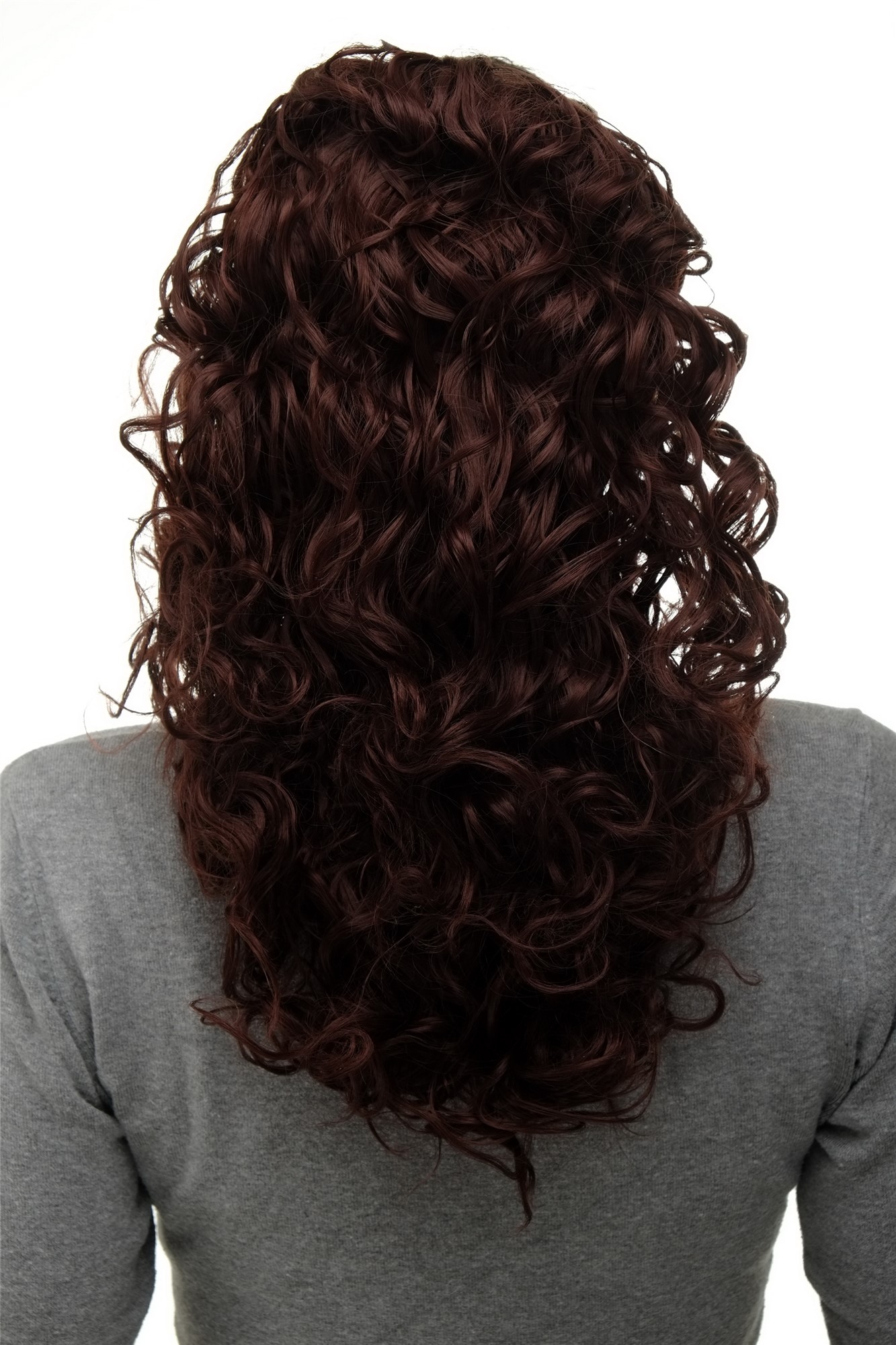 Hairpiece Ponytail with 2 combs/clips & elastic draw string long full curls voluminous mahogany, front view, WIG ME UP: Your Perücken Online Shop Ponytails, mahogany brown, curled, shoulder-length