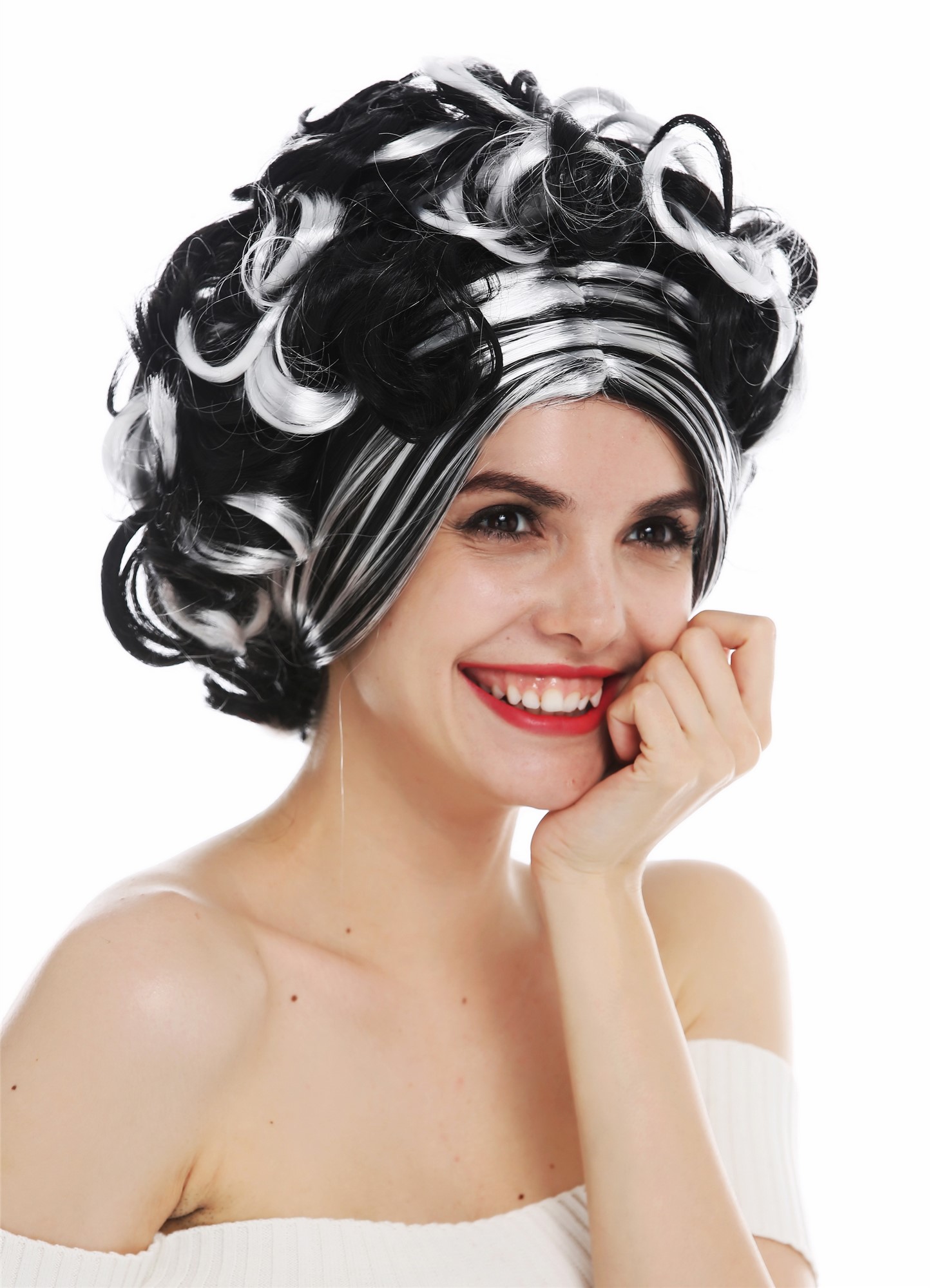 Women's wig lady Halloween carnival short curls black white highlights 31717, front view, WIG ME UP: Your Perücken Online Shop Party Wig, Ladies, deep black and white mix, curled, short